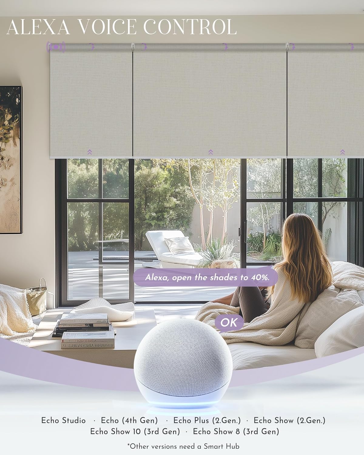 Graywind Smart Coupled Roller Shades Compatible with Alexa Google Custom Size Extra Large Motorized Blinds for Windows(Beige White)
