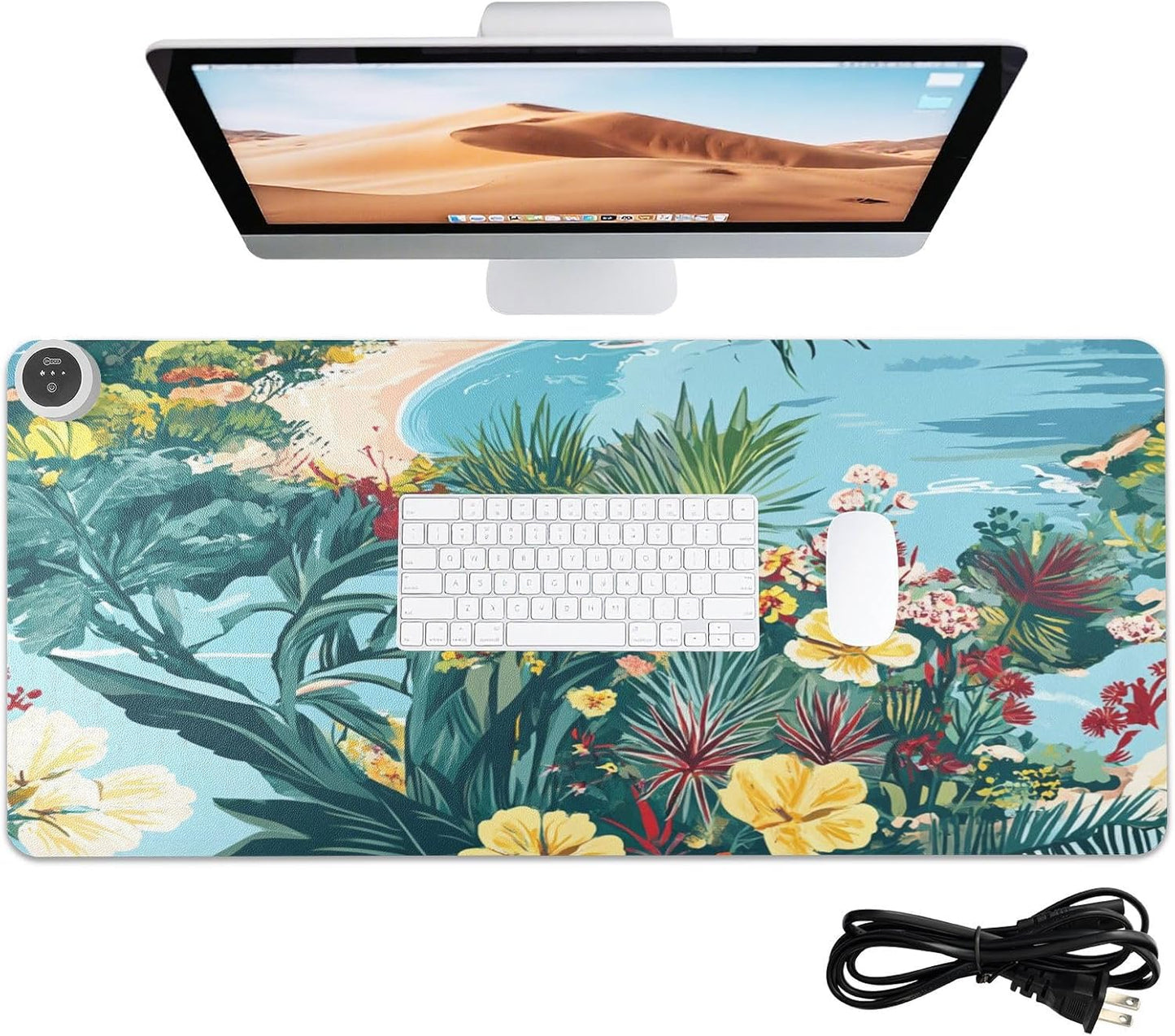 Heated Desk Pad Mouse Pad 31.5x13 Inch PU Leather Desk Mat with 3 Heat Levels Large Mouse Gaming Computer Laptop Mat Coastline Hibiscus