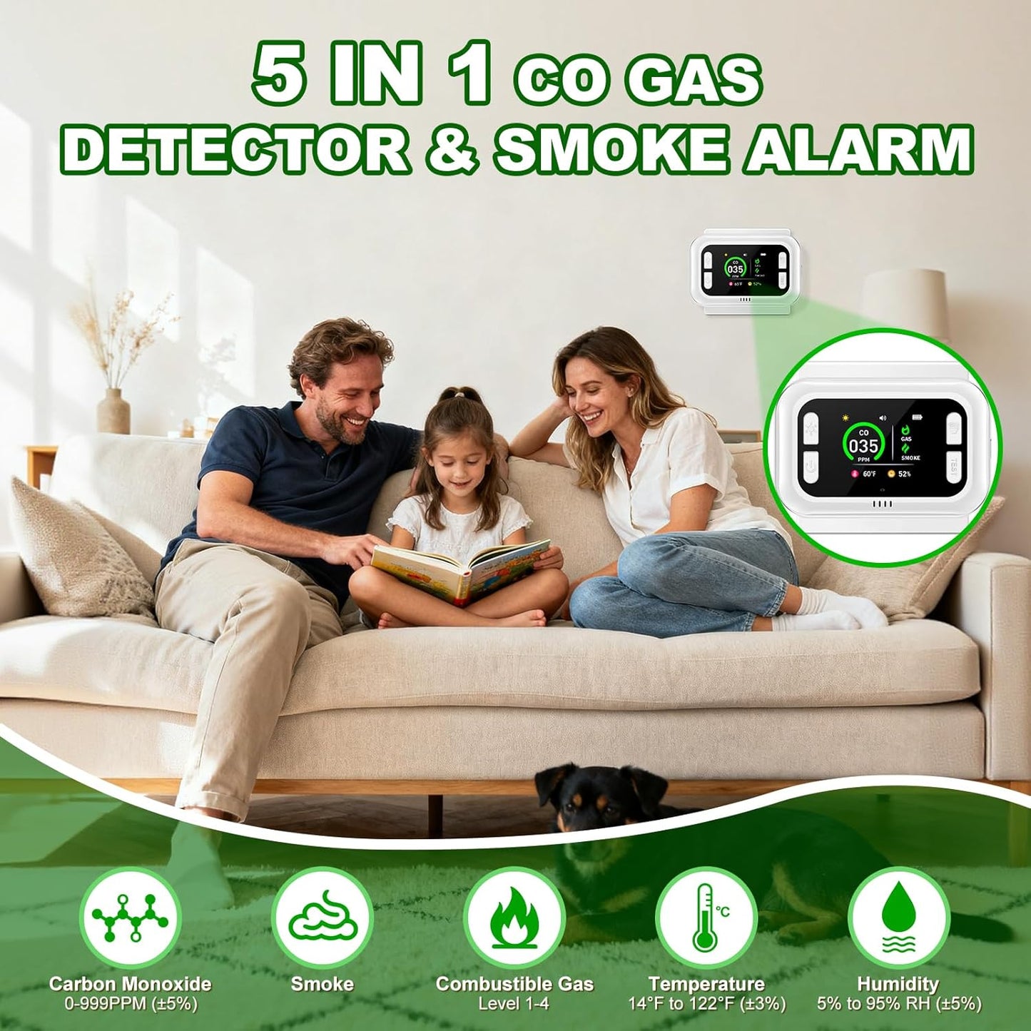Carbon Monoxide Detector Plug in Wall, 5 in 1 Natural Gas Detector & Smoke Alarm with HD Digital Screen, Portable Smoke Detector for Travel, CO Propane Gas Detector for Home Hotel Camping RV (White)