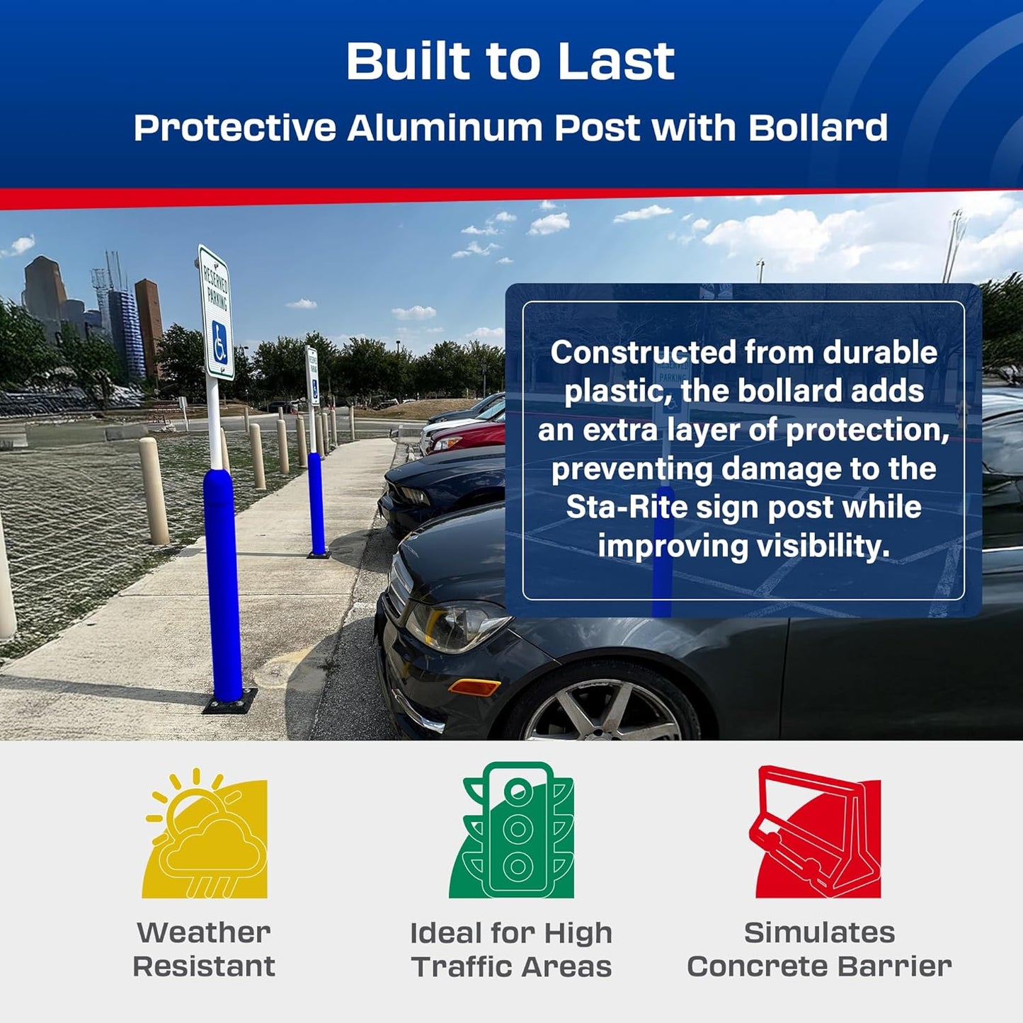 Impact Recovery - Sta-Rite Flexible Sign Post - Sign Holder for Handicap Parking Signs - Made in the USA - 78” with Blue Bollard