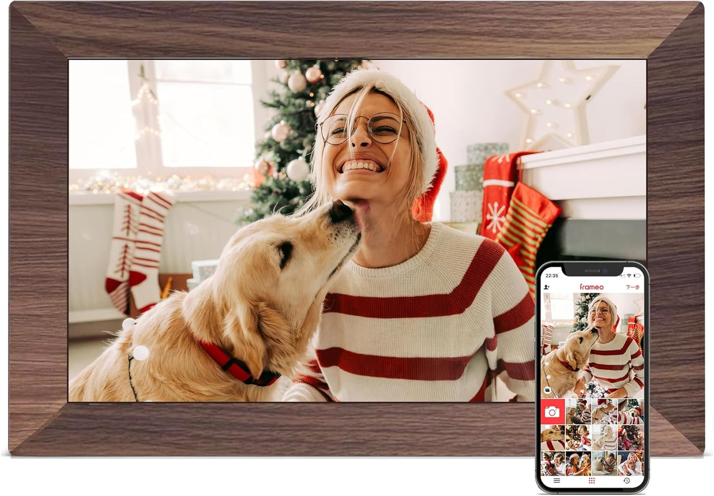 Digital Picture Frame, 10.1 inch Frameo Digital Frame WiFi, 1280 * 800 IPS HD Touchscreen, 32GB Storage, Instant Share Pictures Video, Smart Photo Frame Electronic, Gifts for Mom, Grandma, Woodgrain