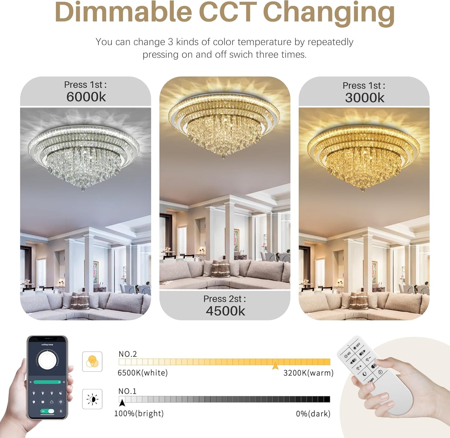 COCOSTAR Sliver Elegant LED Crystal Raindrop Ceiling Light with Remote and APP, 40" Modern Flush Mount Chandelier Light Fixture, 3CCT Dimmable, for Living Room Kitchen Island Bedroom Entryway Foyer