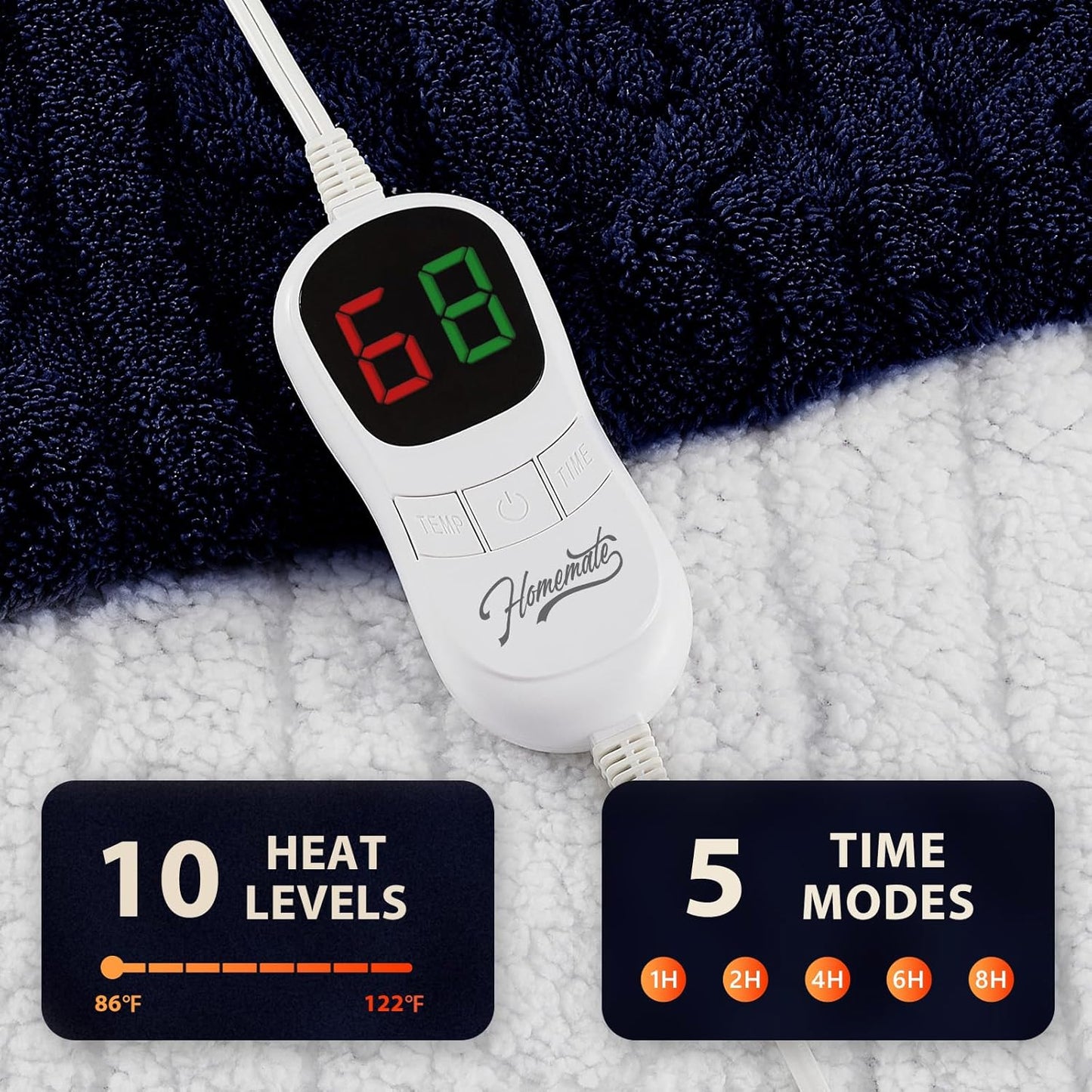 Homemate Electric Heated Blanket Twin - 62"x84" Heating Bed Blankets Throw with 10 Heating Levels 8 Hours Auto Off Fast Heating Over-Heated Protection Ultra Soft Warm Flannel ETL Certified