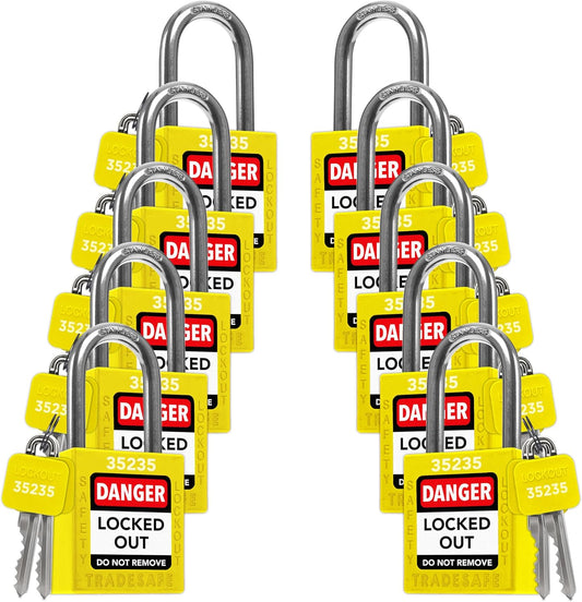 TRADESAFE Lockout Tagout Locks Set - 10 Yellow Keyed Alike Padlocks, 2 Keys Per Lock, OSHA Compliant Loto Locks