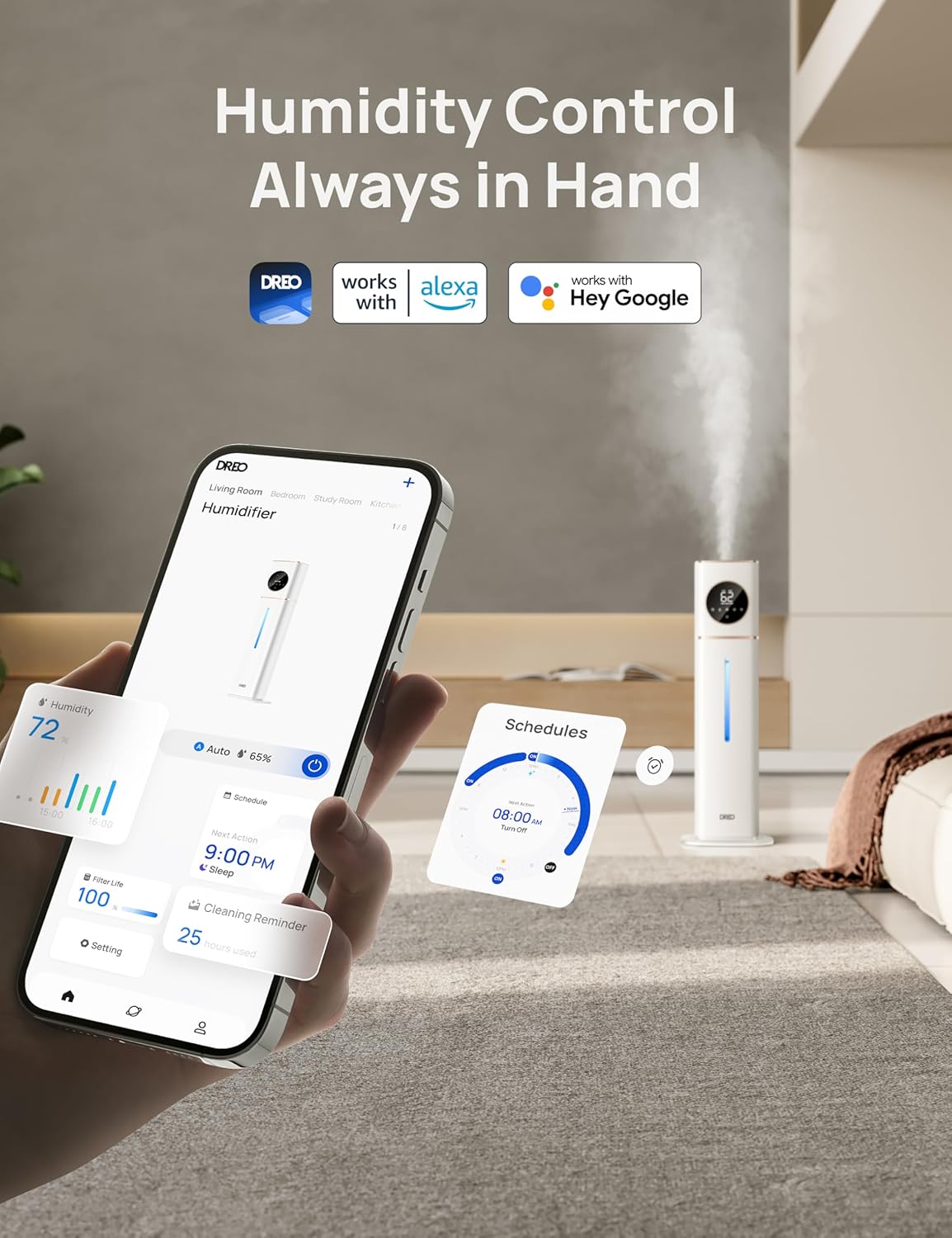 Dreo HM735S 11L Smart Humidifier Large Room 700 ft², 100H Cool Mist Air Humidifiers for Bedroom, Top-Fill Self-Cleaning Tank, 26dB, Auto Mode, Aroma Box, RGB Light, Remote & APP Control, Baby, White
