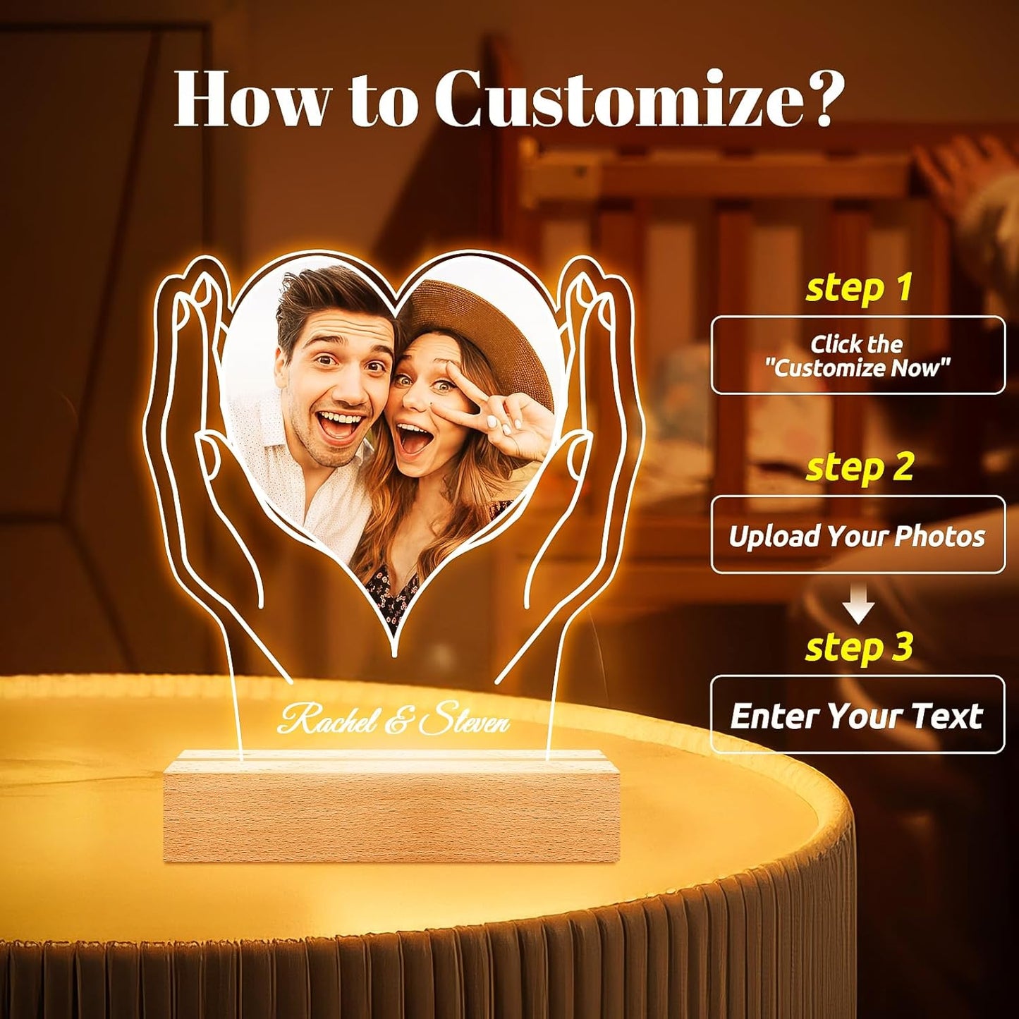 Custom Picture Frames, Customized Picture Frame, Personalized Photo Frame with Night Light, Personalized Anniversary Valentines Day Gifts for Women Men Her Him Girlfriend Boyfriend Couples