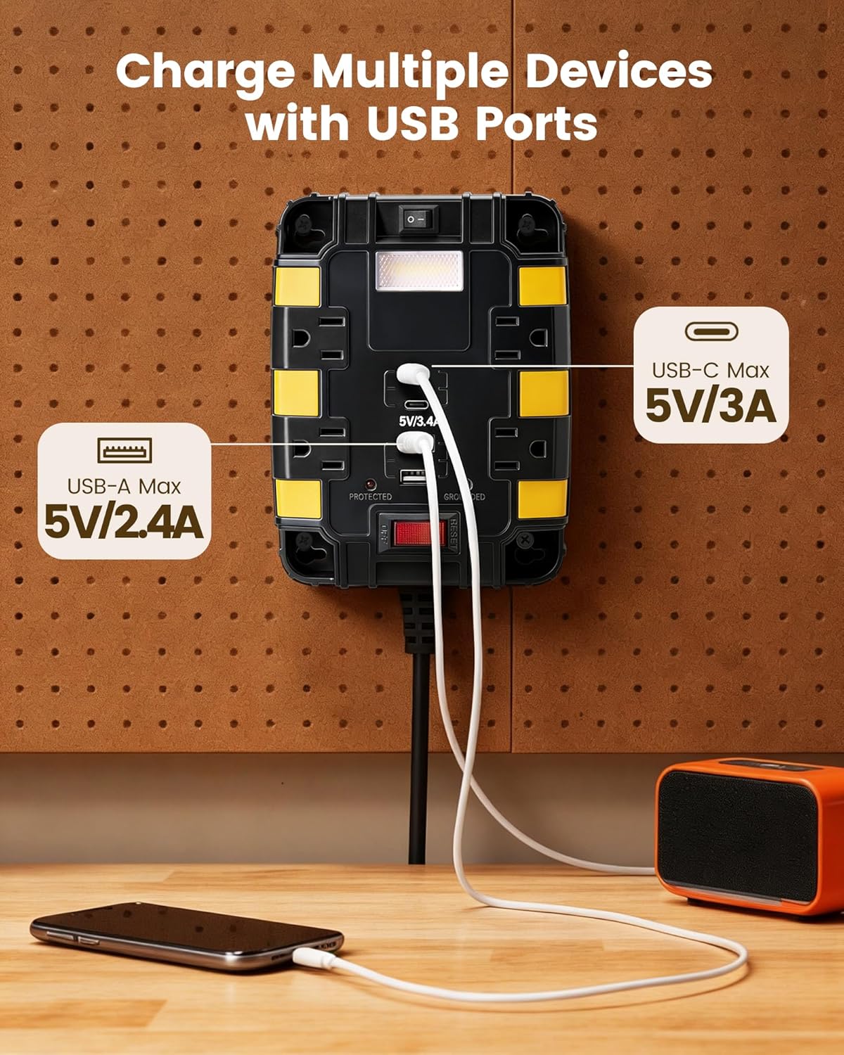 SURAIELEC Magnetic Power Strip, 1080J Surge Protector, 4 Outlets, 2 USB-A & 2 USB-C, 6 Ft Cord, Dual Magnets & 4 Mounting Holes, ETL Listed