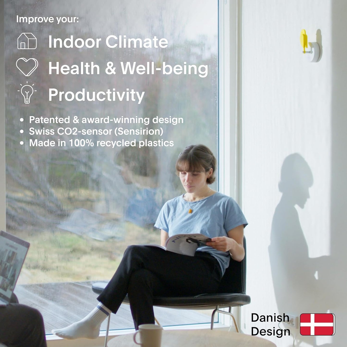 Birdie 2.0 - Design Indoor CO2 Monitor - Air Quality Meter for Home & Office - Promotes Mental & Physical Health - Modern Interior Decor - Reducing Health Risks with Clean Air (Yellow, FullBirdie)