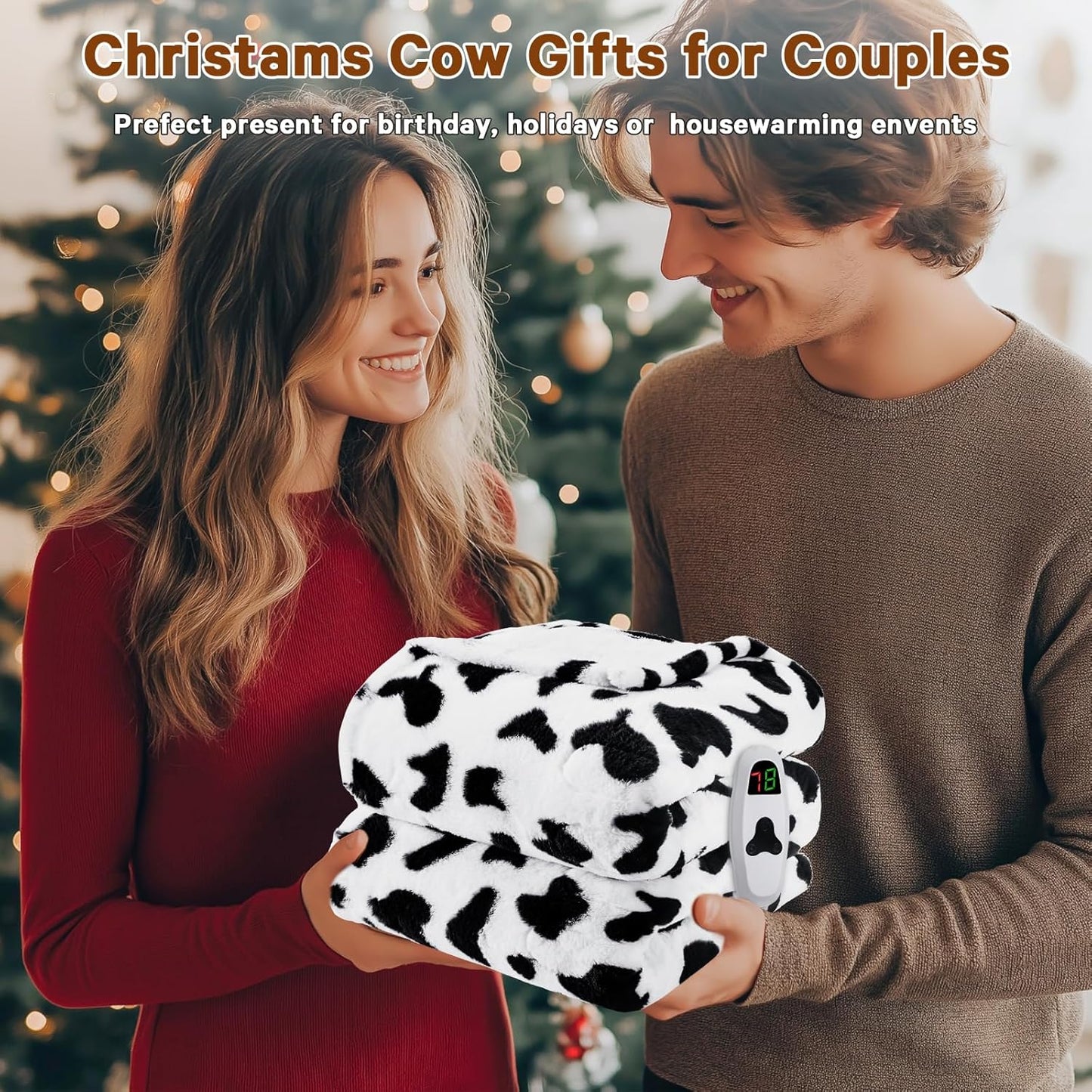 Cow Print Electric Heated Blanket King Size,90X100 Black Heating Blanket King with Dual Control&Timer&10 Heat Level,Cute Cow Decor Fleece Sherpa Blankets Warmer Gifts for Bed Women Adults
