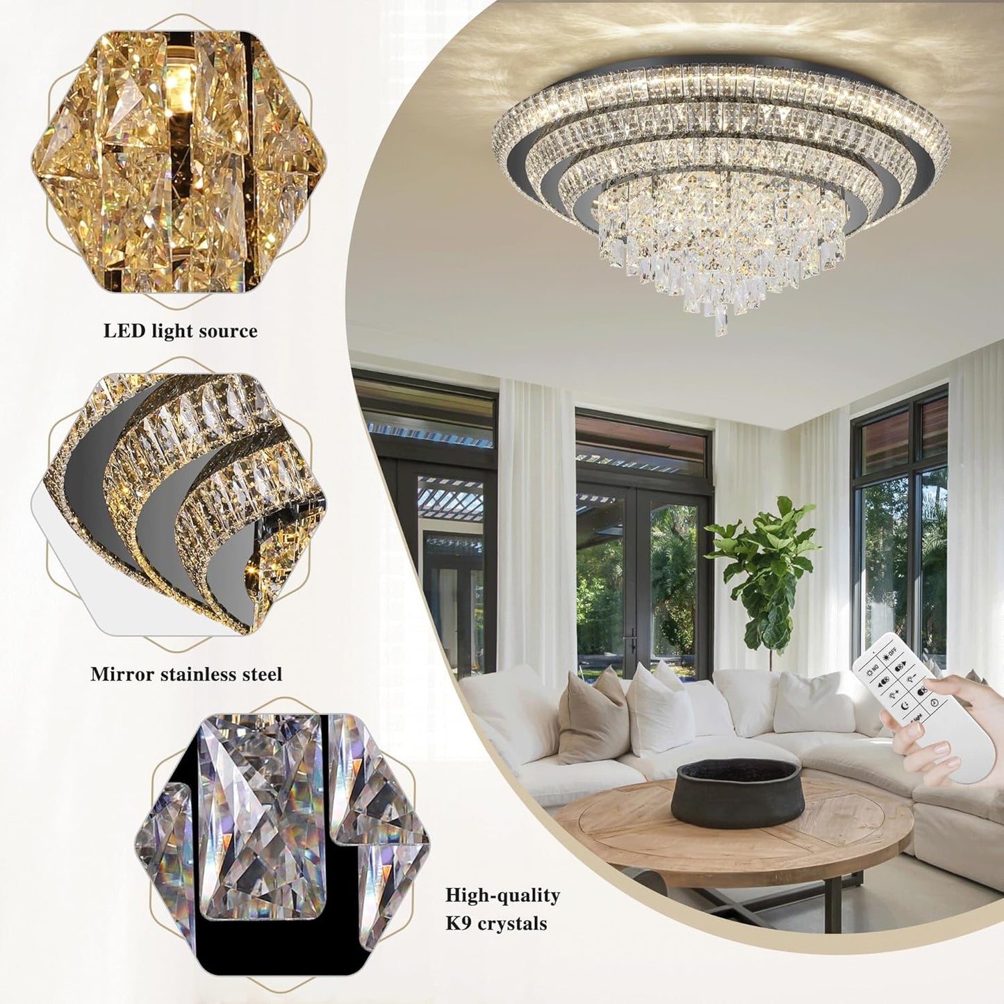 30 inch Crystal Black Ceiling-Light Flush Mount with Remote Control and APP, 3CCT Dimmable & Brightness Adjustable, Modern Crystal Raindrop Chandeliers for Bedroom Hallway Dinning Room Living Room