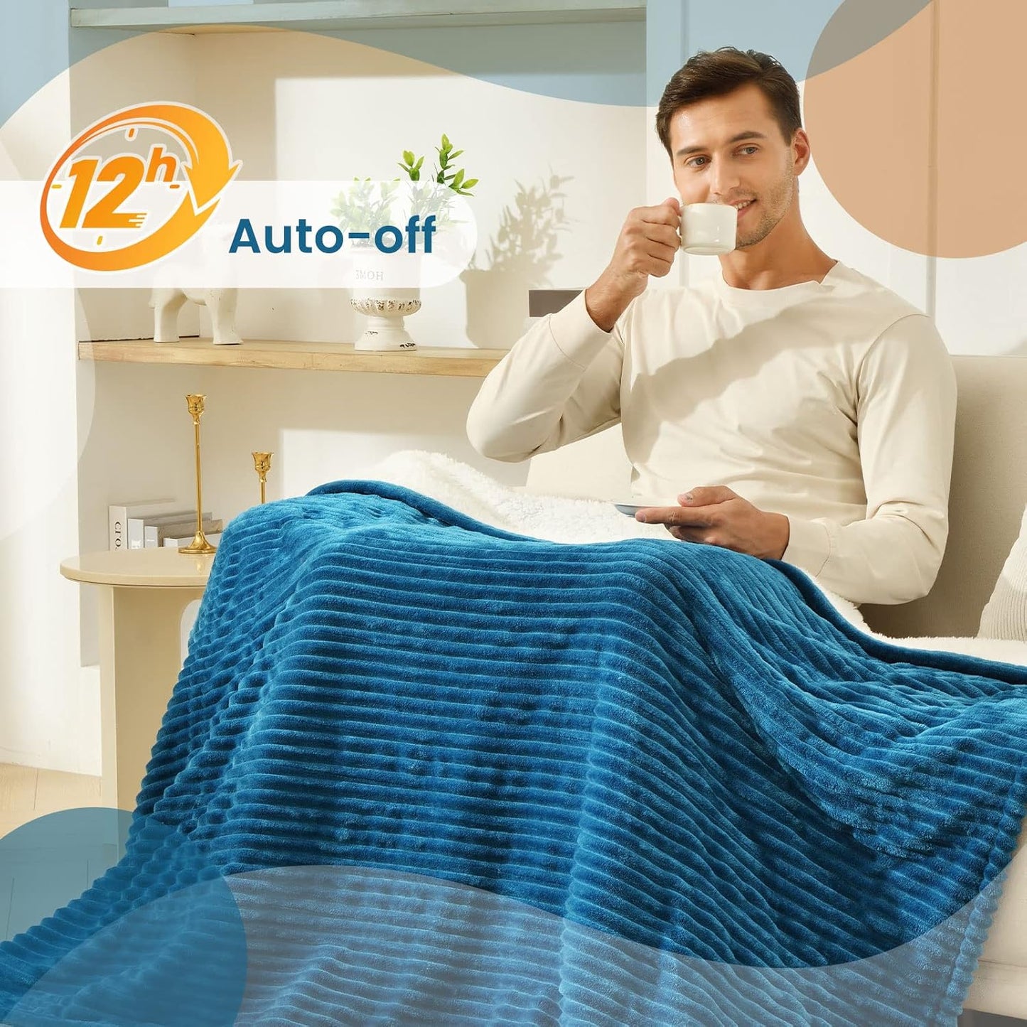 Bearhug Electric Heated Blanket, 62"x84" Ribbed Flannel & Sherpa Fast Heating Blanket, 10 Heating Levels & 1-12H Auto Off, Over-Heat Protect, ETL, Machine Washable