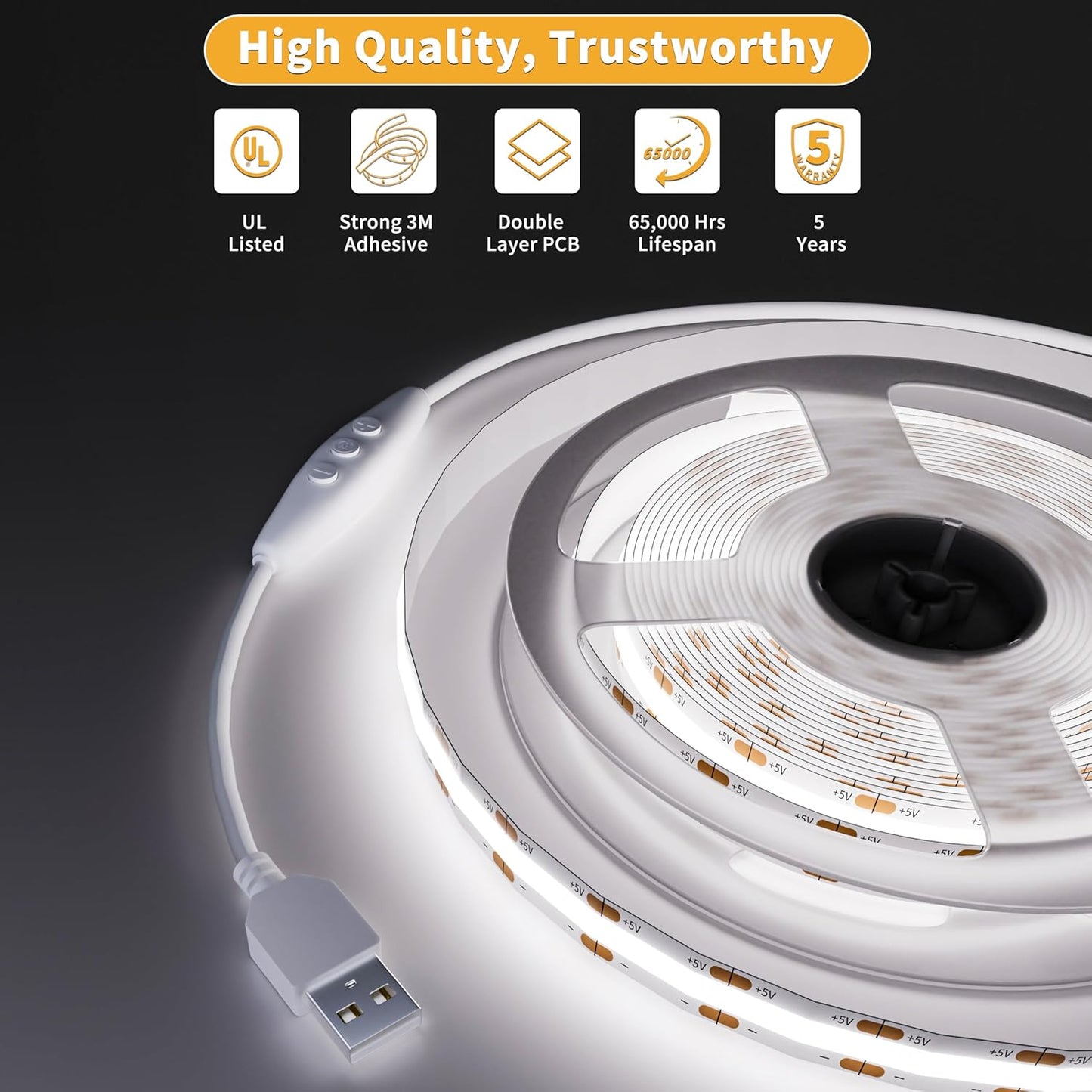 PAUTIX 5V USB COB LED Strip Light 6.56ft/2m 1200lm, Dimmable 640LEDs 6000K Daylight White CRI90+ with RF Remote TV Backlight,Flexible Under Cabinet Tape Light for Bedroom,Kitchen,Home DIY Lighting