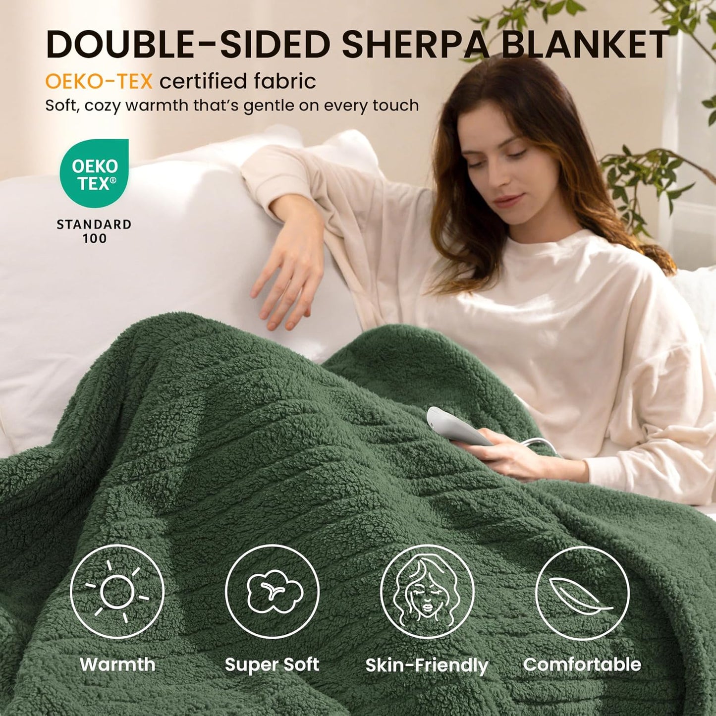 Heated Blanket Electric Blanket King - Fast Heating Blanket Throw Dual Control Double Sided Sherpa with 10 Heating Levels & 2-10 Hours Auto Off, Mashine Washable, 90 x 100 Inches, Green