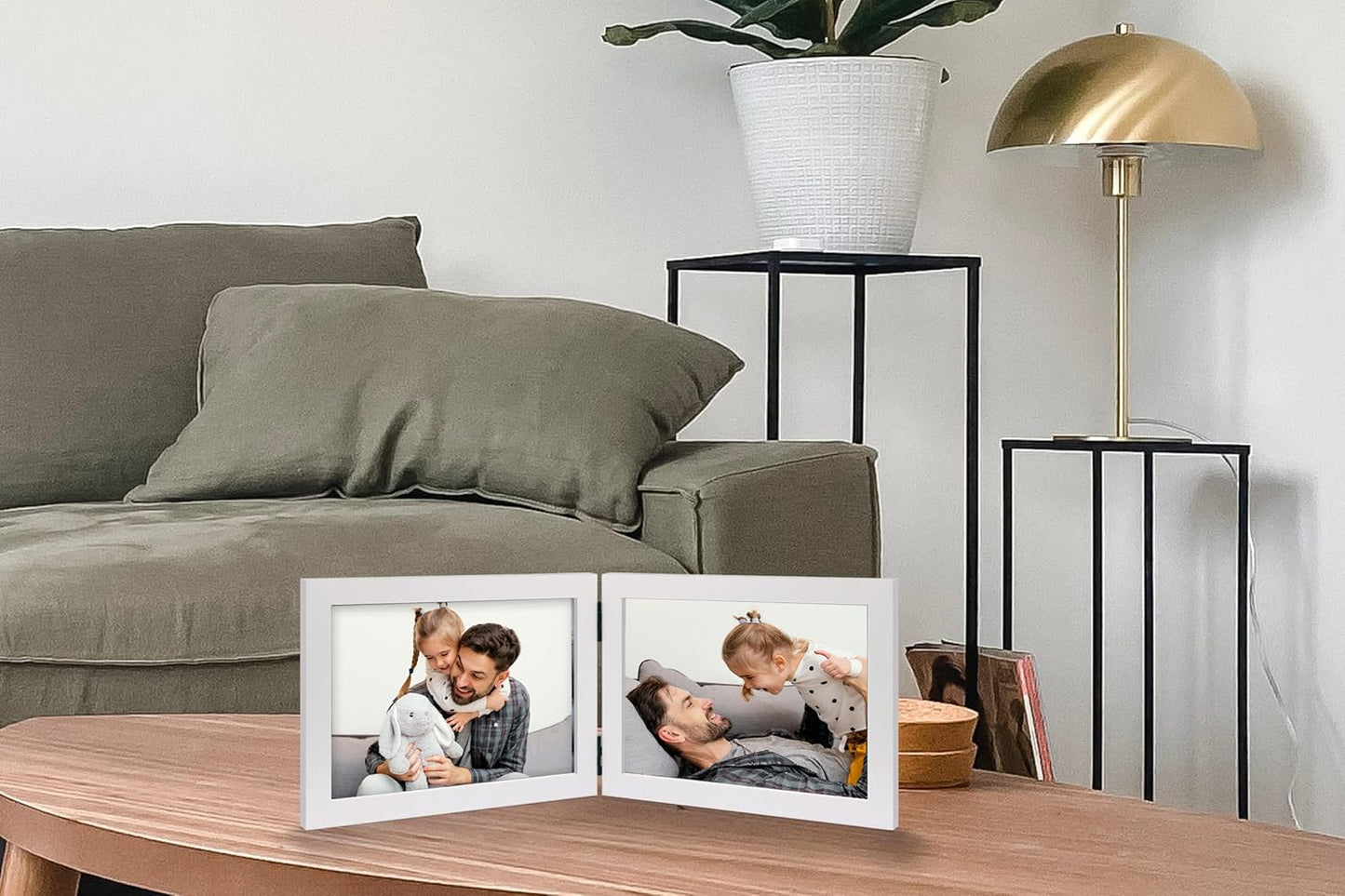 Double 5x7 Horizontal Combo, White Wood Picture Frame, 4.5x6.5 Opening Foldable Landscape View Photo Frame on Table-top or Wall