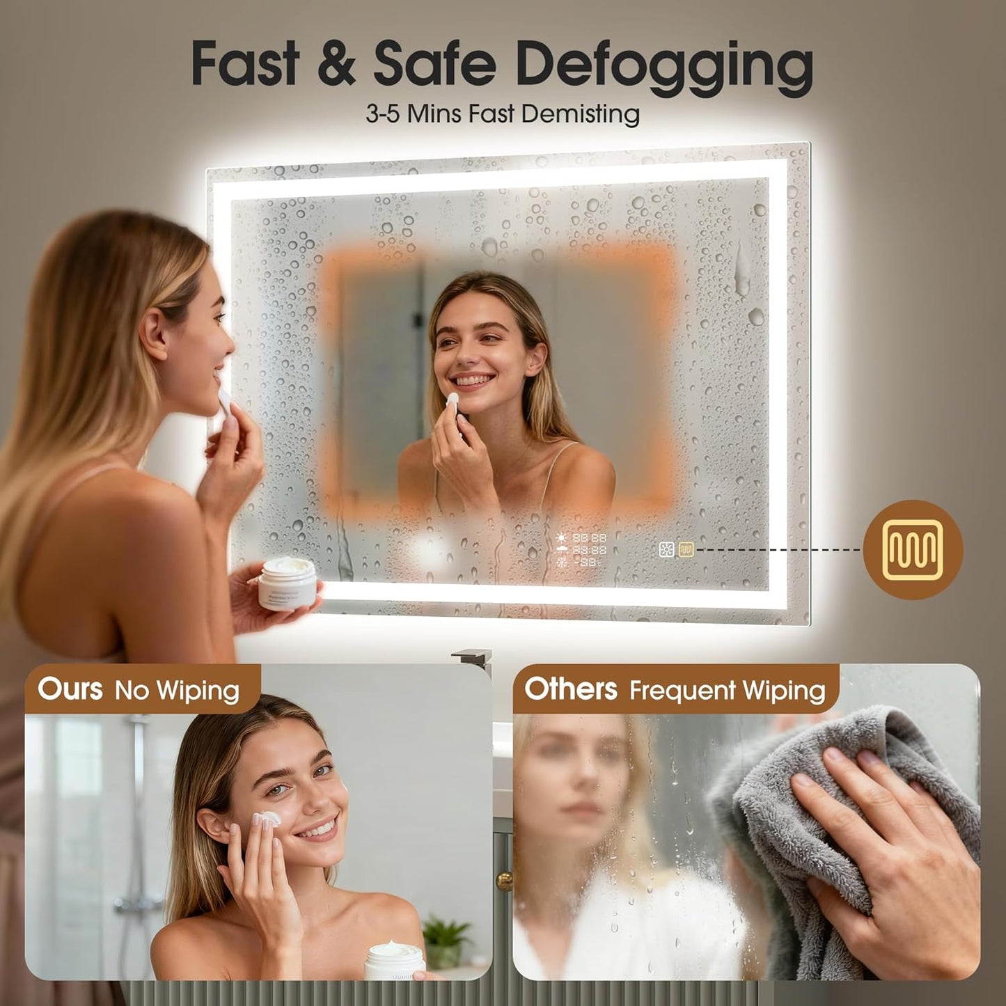STARLEAD 28"x36" LED-Bathroom-Mirror-with-Lights, Wall-Mounted with Clock, Anti-Fog, 3 Color Temperature, Dimmable Brightness, Waterproof, Tempered Glass, Frontlit & Backlit