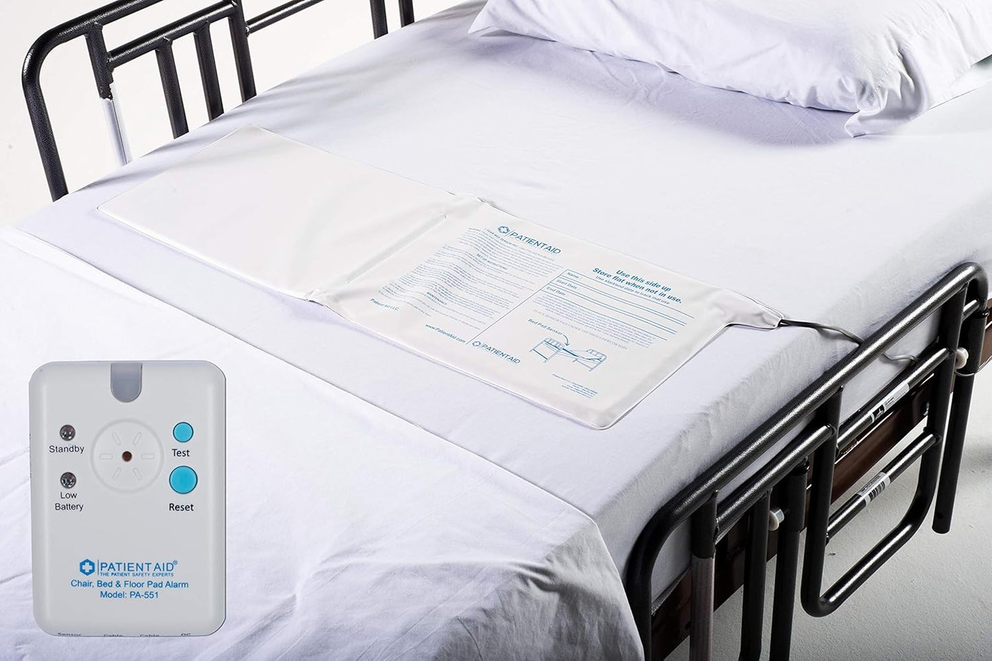 Patient Aid Advanced Bed and Floor Alarm for Elderly Monitoring - 10" x 30" Underpad with Motion Sensor Bed Alarm, 3 Ring Chime & 3 Mounting Options, with AC Adapter & 9V Battery