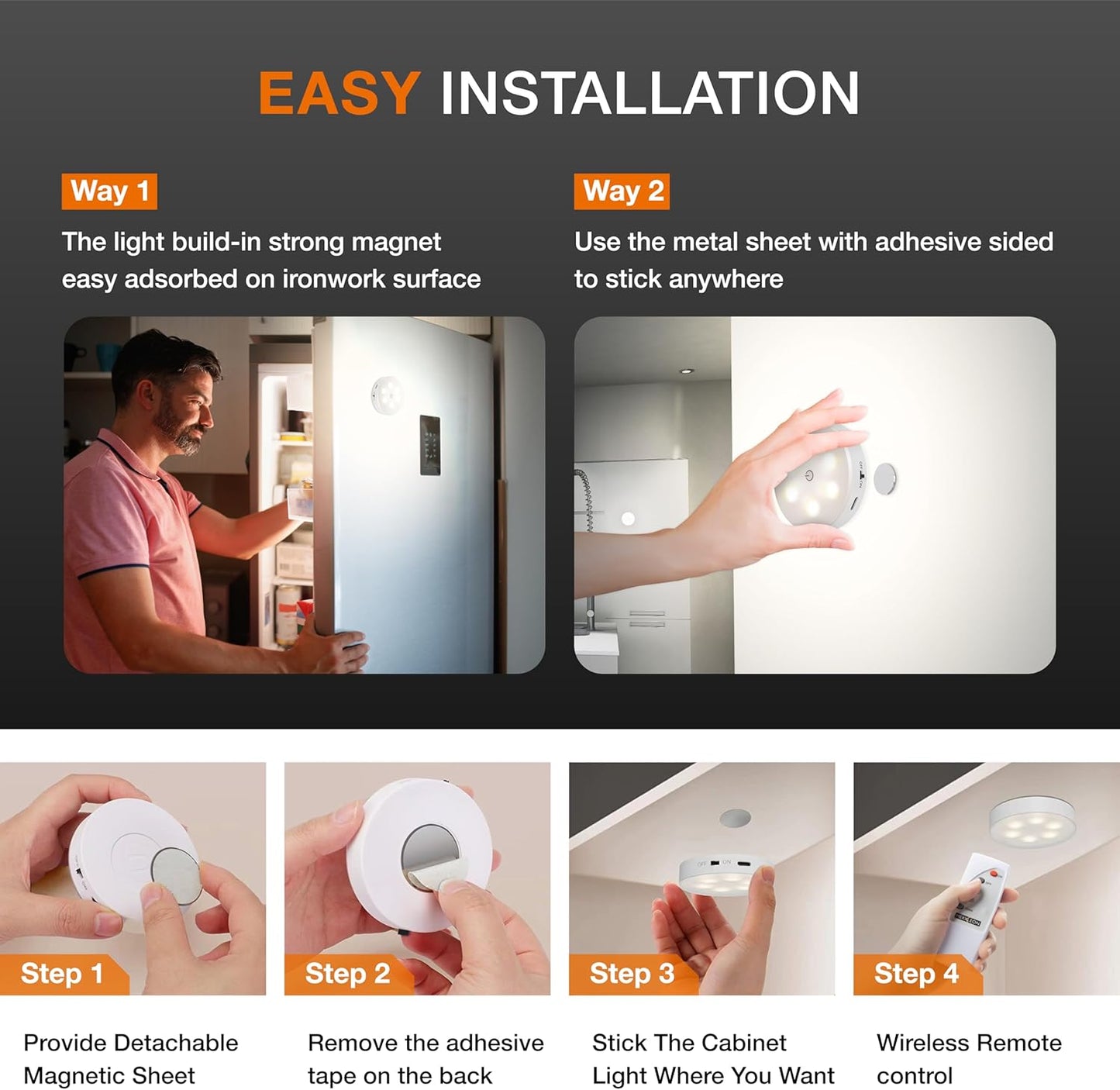 Puck Lights with Remote Control,1000mAh Rechargeable Under Cabinet Lighting,LED Closet Lights,3Pack Night Light,Cordless Stick On Lights for Under Cabinet,Hallway, Stairway,Closet (Cool White)