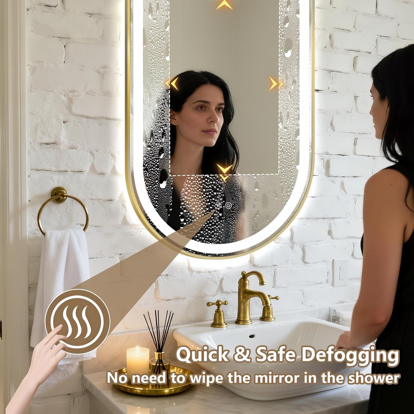 Niccy Oval LED Mirror for Bathroom, 48x24 Front Lit + Backlit Vanity Mirrors with Light Anti-Fog, Shatter-Proof, 3 Colors, Makeup Mirror with Old Gold Frame (Horizontal/Vertical)