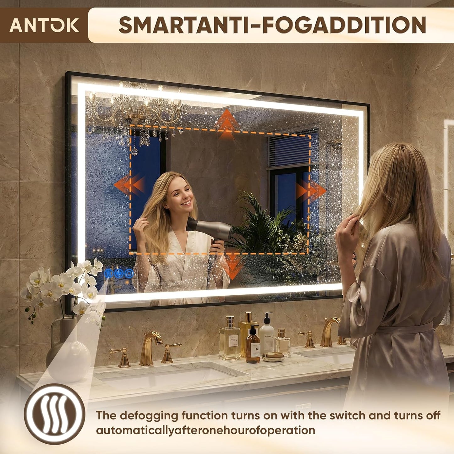 Antok 60X36 LED Bathroom Mirror with Lights, Vanity Mirror for Wall with Black Frame, Touch Control, Anti-Fog, Dimmable Lights, Shatter-Proof, Memory Function, Wall-Mounted Vanity Mirrors