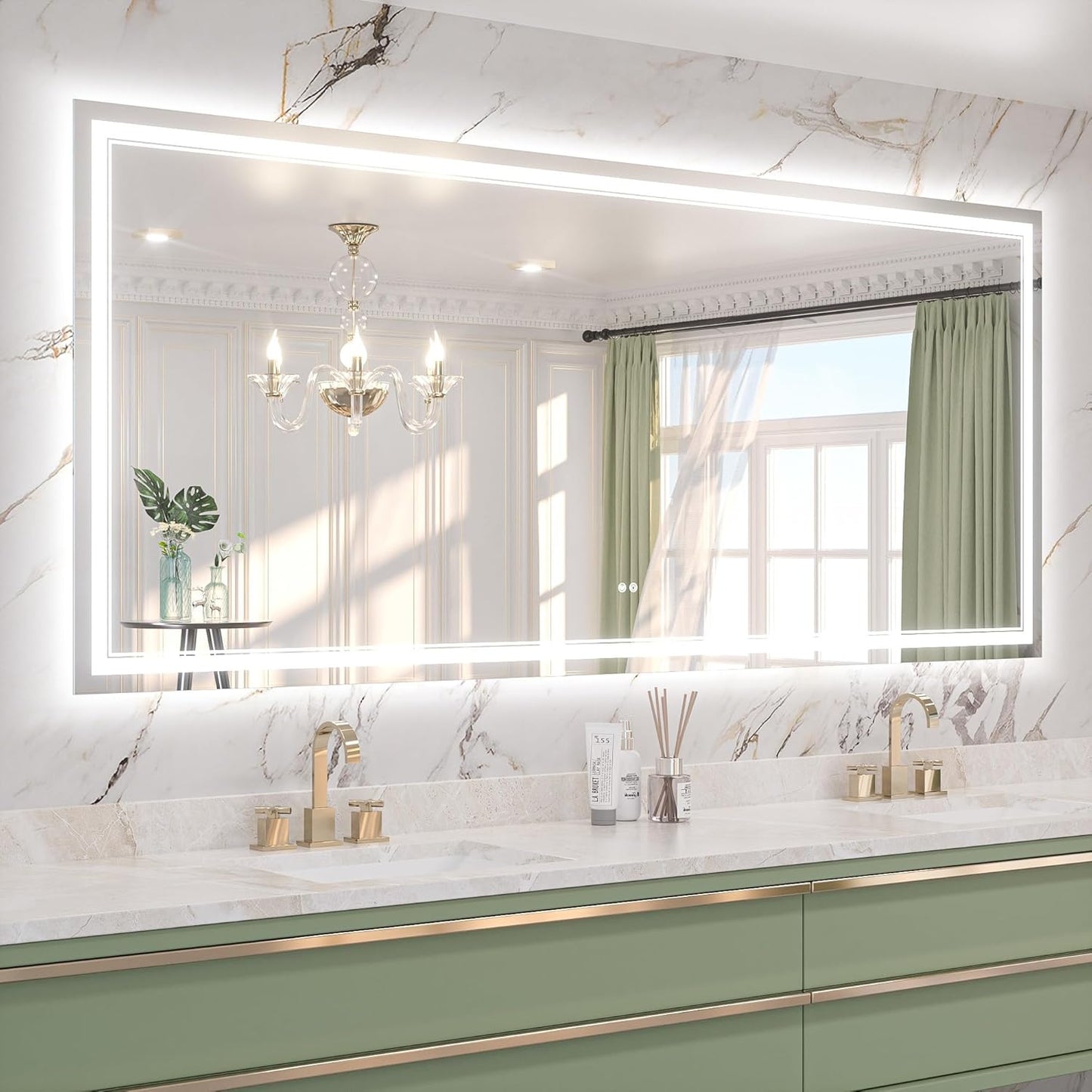 Keonjinn 84" x 36" LED Bathroom Mirror with Frontlit & Backlit, Smart Frameless LED Mirror, Oversized, Safe Tempered Glass, Quick Defogging, Dimmable, 3 Color Lights, UL-Listed