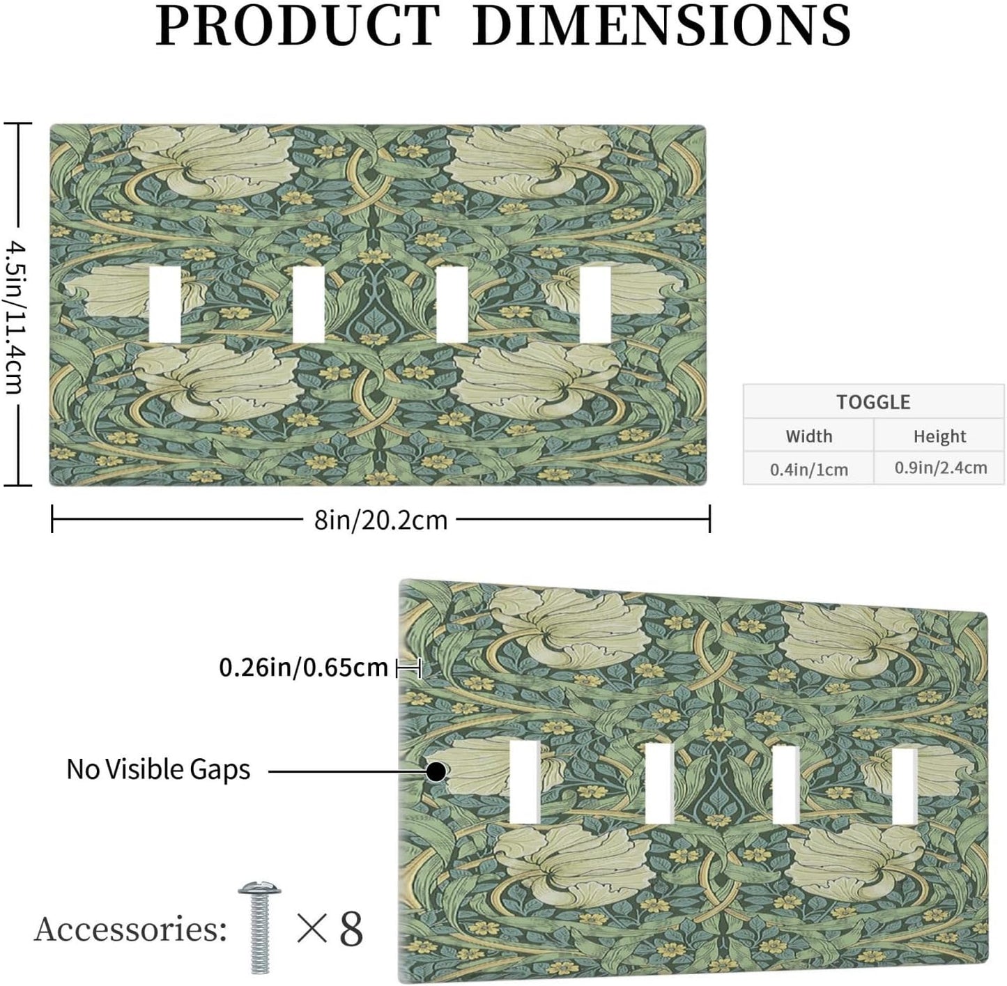 Light Switch Covers Vintage Floral Plant Sage Green William Morris Quad Toggle 4 Gang Wall Plate Electrical Faceplate Decorative Switch Plates for Bedroom Home Decor