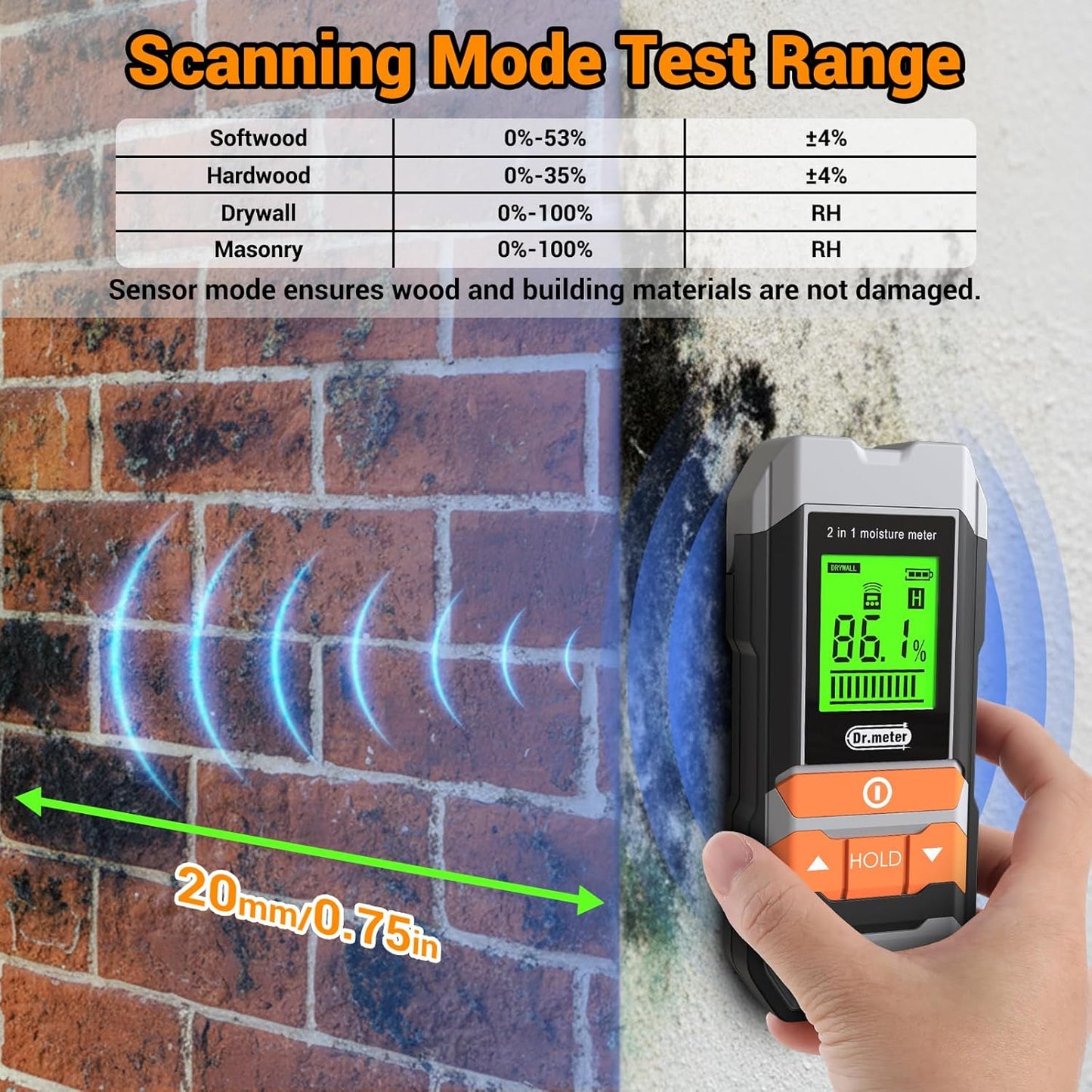 Wood Moisture Meter, 2 in 1 Pin & Pinless Moisture Tester, Digital Dampness Moisture Sensor Detector for Wood Firewood Drywall Paper Floor Woodworking, Water Leak Detector