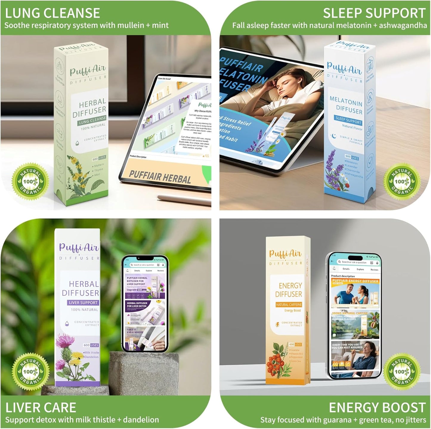 PUFFIAIR Complete Harmony Quad Herbal Diffuser Pen Set | Energy Calm Reset Blends | Green Purple Orange Blue | 4 Count