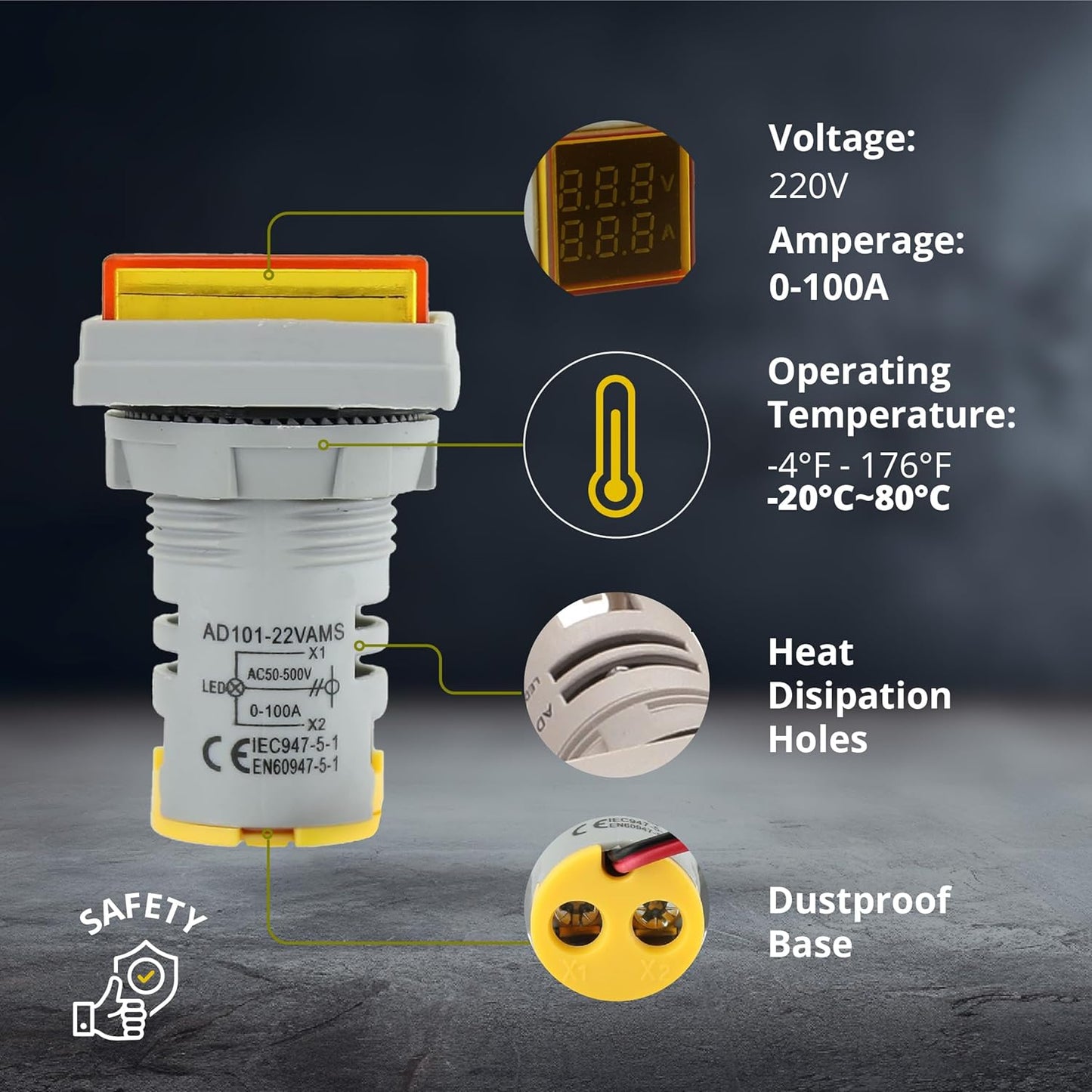 LED Voltage Display Panel Mount Volt Amp Meter, AD101-22VAMS 22mm Square Voltmeter and Ammeter, AC50-500V Voltage and 0-100A Current Meter, Yellow (1 Pack)