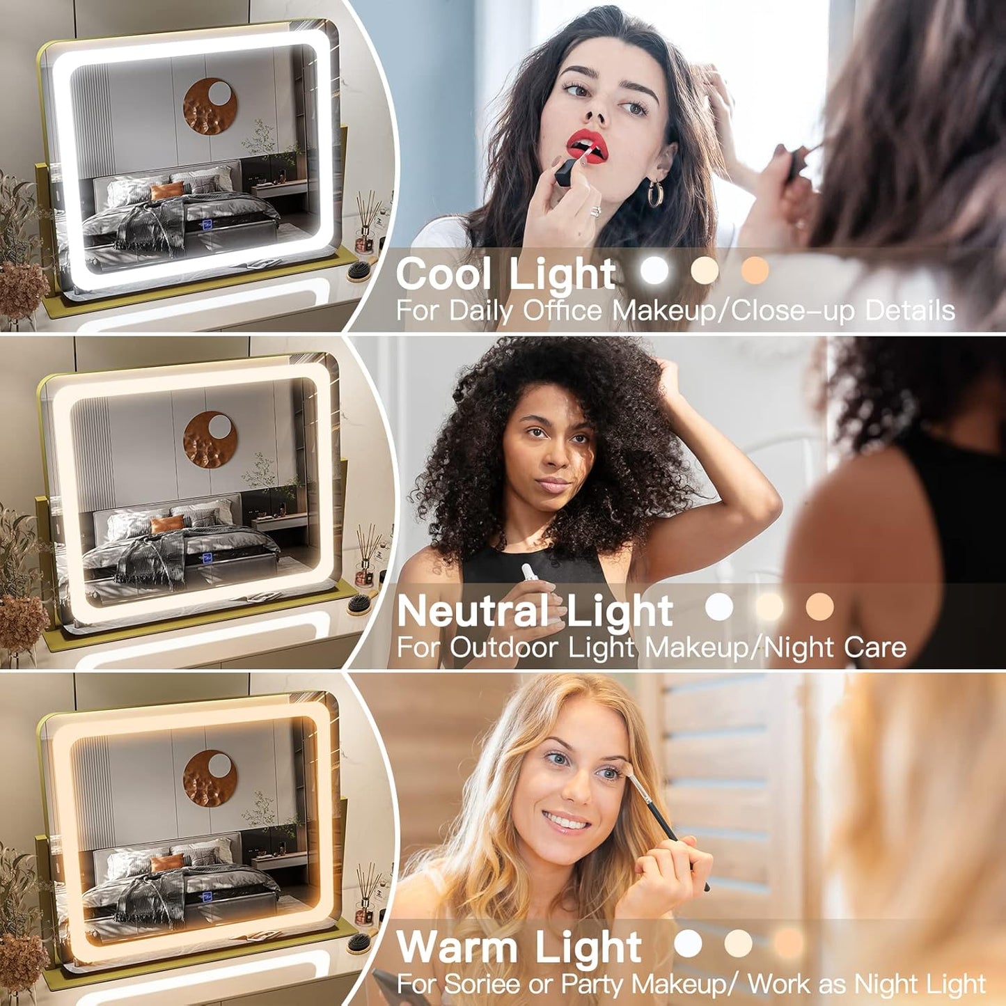 FENNIO Gold Vanity Mirror with Lights 22"x19", LED Lighted Makeup Mirror, Large Makeup Mirror, Make up Mirror with Lighting,Touch Screen with 3-Color Lighting,Dimmable,for Vanity Desk Tabletop