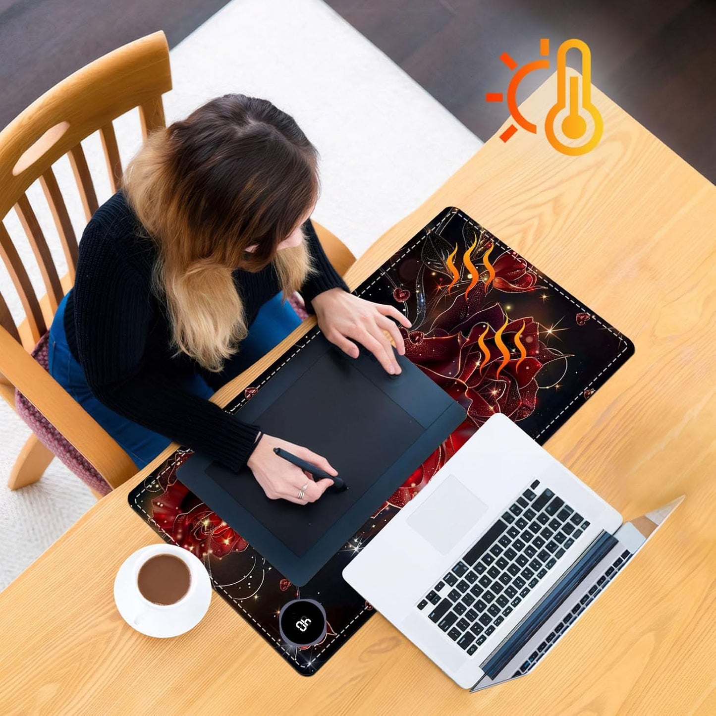 Heated Mouse Pad, Warm Desk Pad, Keyboard Mat 23.6 x 14 Inch Large Size Intelligent Fast Heating, 3 Speed Adjustable, Timed Auto Power Off for Game Office Home, Flowers Roses