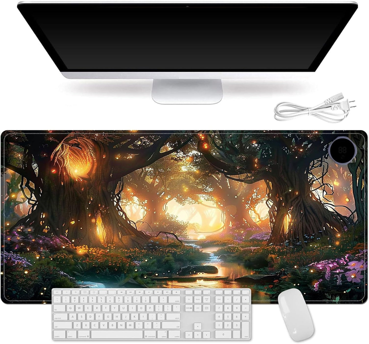 Small Heated Desk Pad 23.6" x 14.2" – Compact Electric Mouse Pad with 3 Heating Levels, Auto Shut-Off, Waterproof PU Surface, Plug-in Warmer for Office or Home Use, Glowing Forest