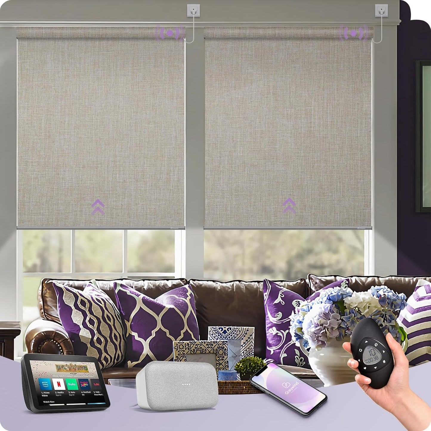 Graywind Smart Blackout Roller Shades Compatible with Alexa Google WiFi Hardwired Triple Weaved Fabric Motorized Blinds Remote Window Shades, Custom Size (Light Coffee)