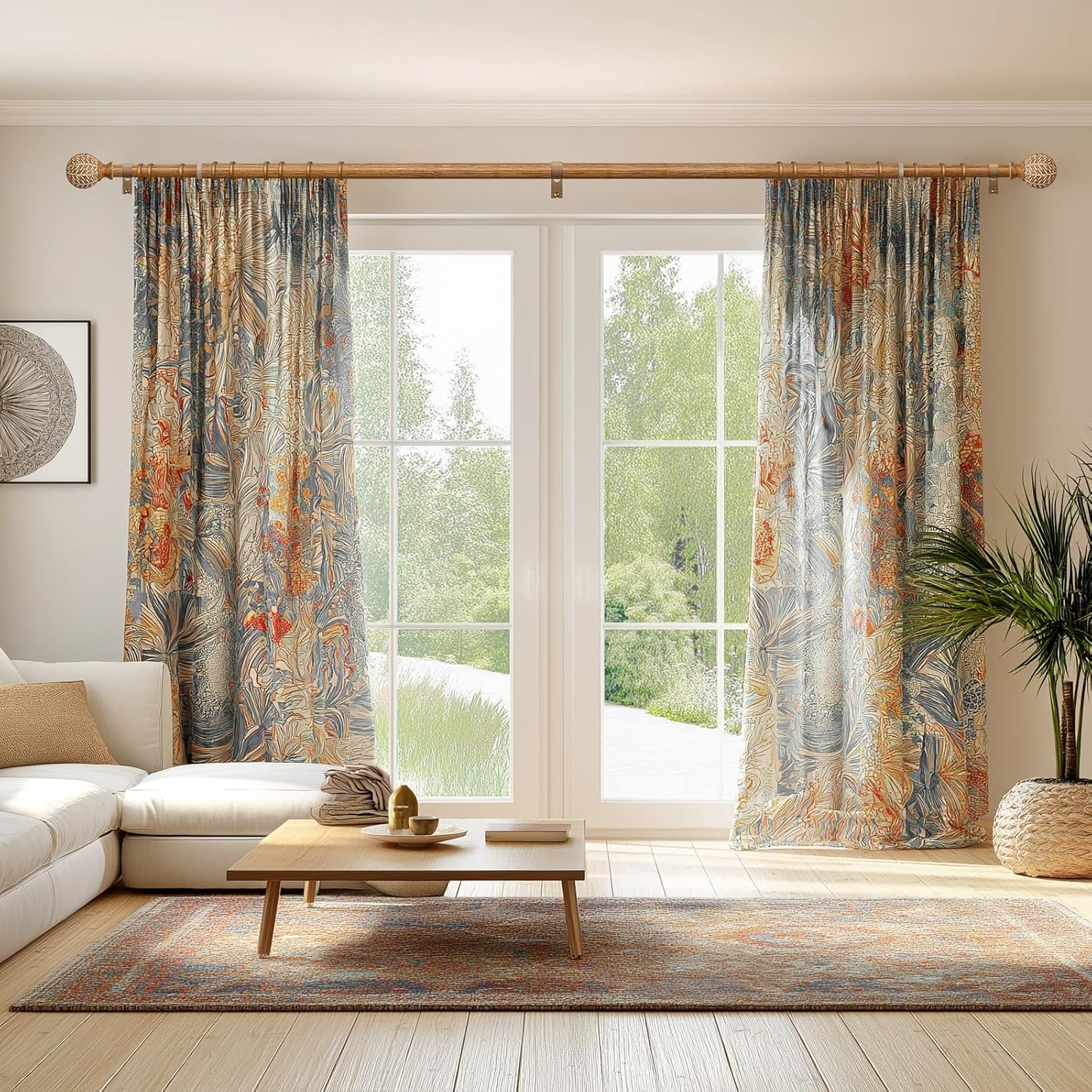 Imitation Wood Grain Ball Curtain Rods for Windows 48 to 84 Inch,1 Inch Heavy Duty Adjustable Wood Curtain Rod,Decorative Drapery Rods Set with Brackets,Size:36''-88''