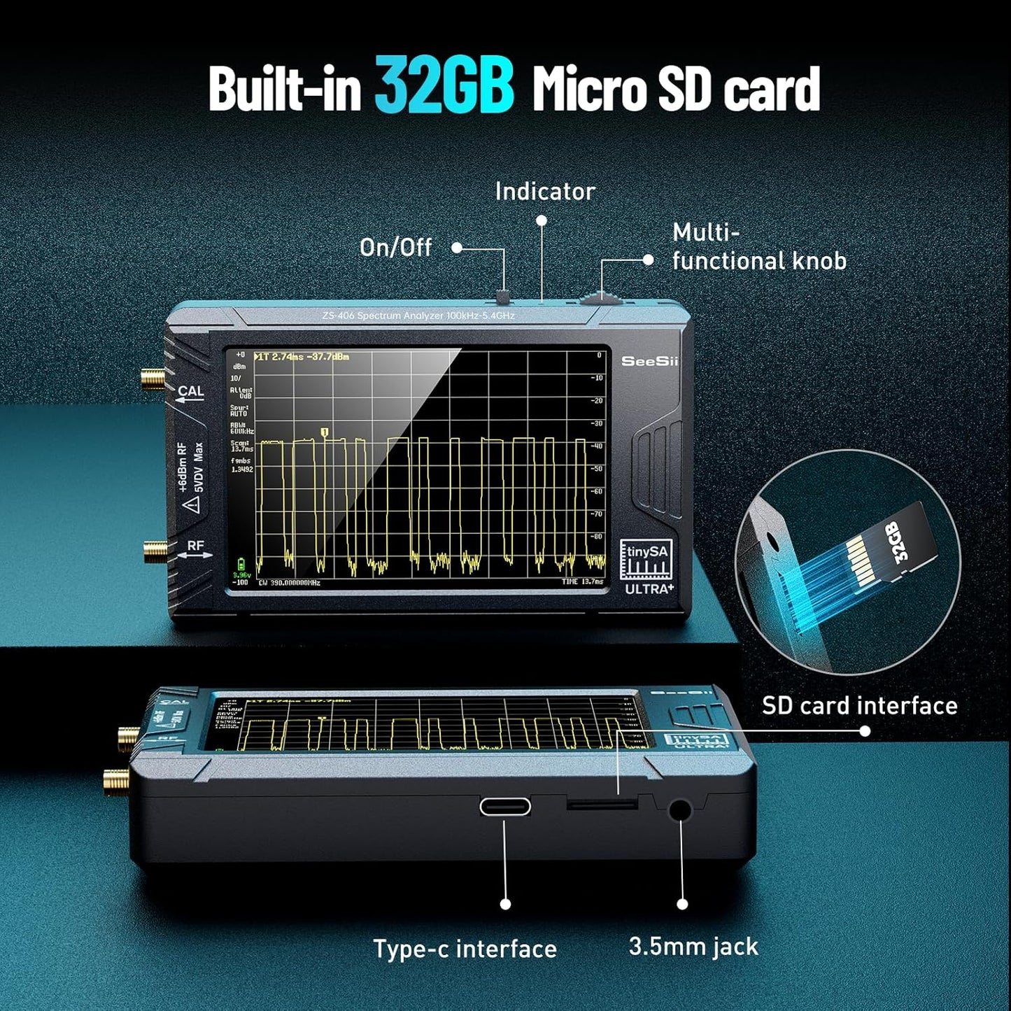 SeeSii TinySA Ultra+ ZS406 Spectrum Analyzer: 4.0 Inch 5.4GHz Handheld Tiny Frequency Analyzer with ZK06-UM 21dB LNA Module 32Gb Card—100kHz to 800MHz MF/HF/VHF UHF Input, 2025 Upgraded
