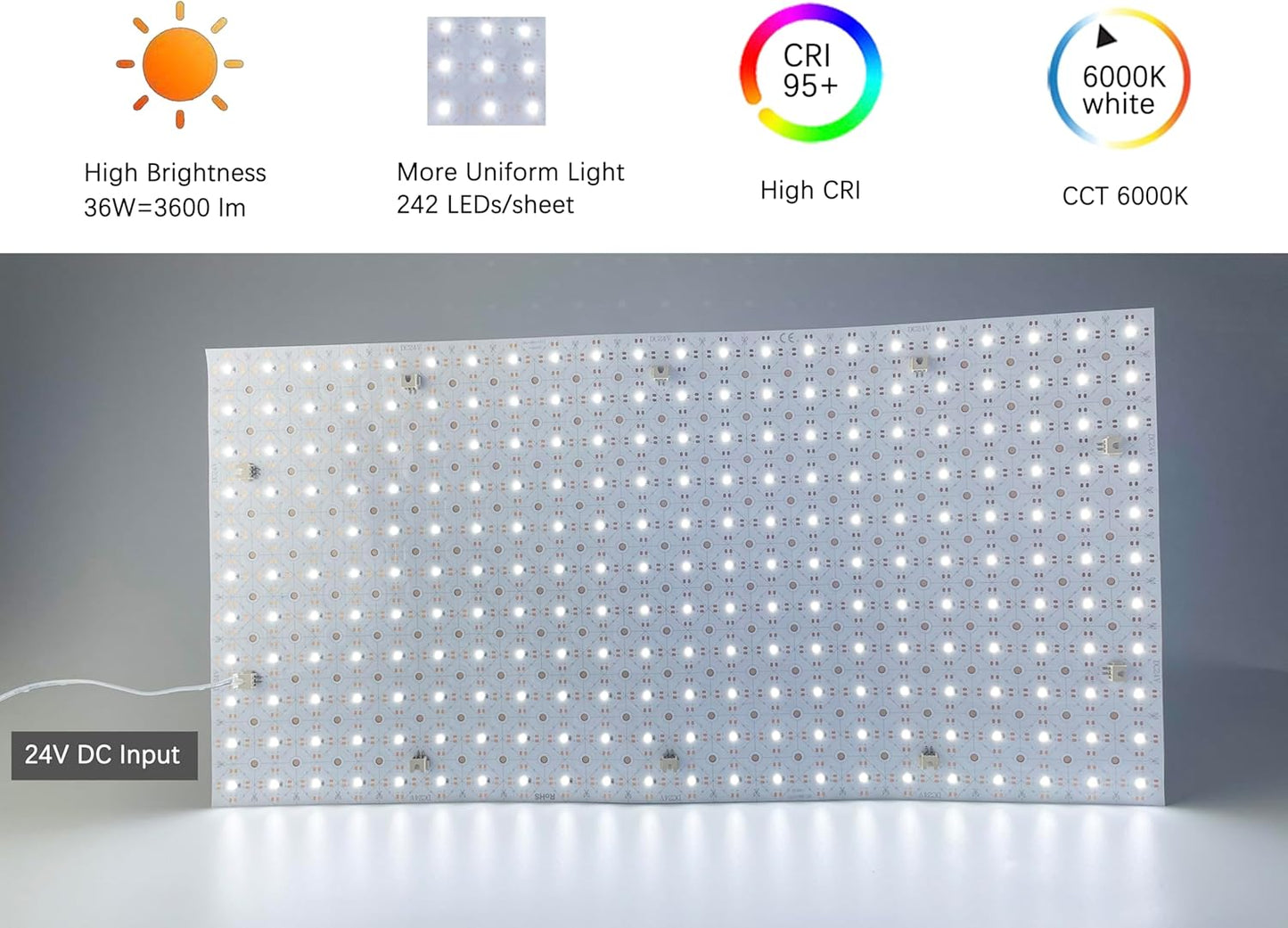 4-Pack LED Backlight Sheet 24V 36W 6000K White, 19.3X9.6 inches Each Unit, Dimmable Flexible LED Panel Sheet for Backlit Translucent Stone/Marble/Onyx/Quartz Countertops Walls