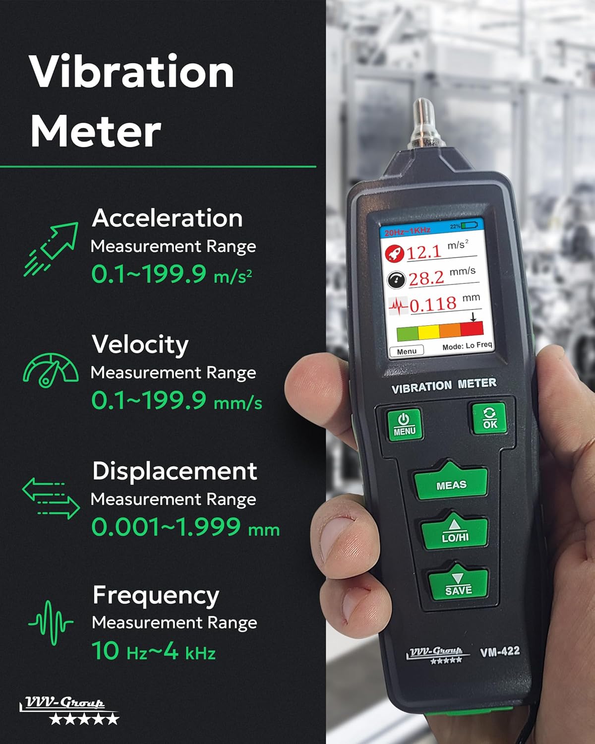 Vibration Meter VM-422 Digital Vibrometer Handheld Vibration Analysis Equipment Acceleration Velocity Displacement Measurement