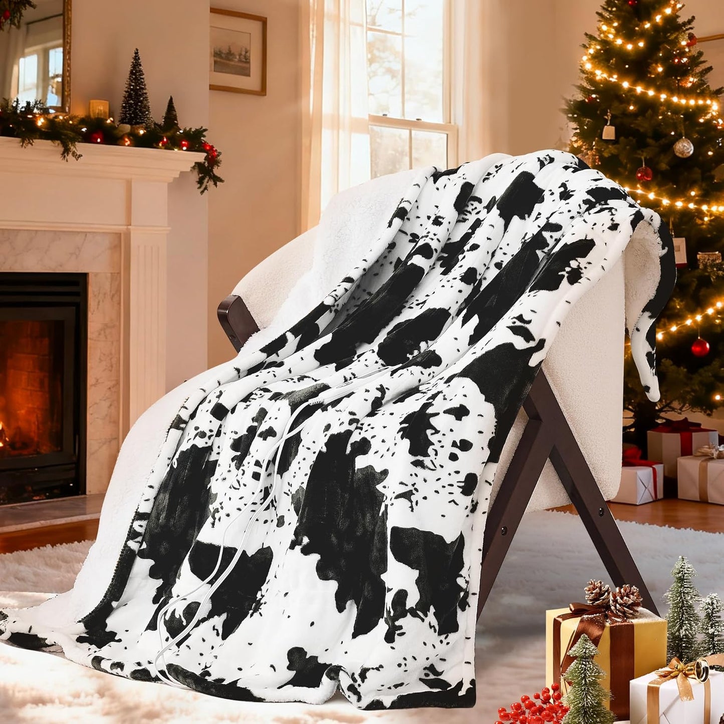 Electric Blanket Twin Size - Reversible Sherpa & Flannel, 62"× 84" Heated Throw Blanket with 6 Heat Settings & 1-12H Timer, Machine Washable, Warm Gift for Women, Black Cow Print