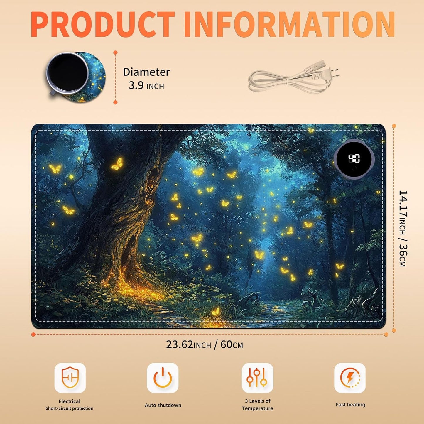Heated Mouse Pad 23.6 x 14 in 3-Temp Fast Heating Desk Mat with Auto Timer Warmer for Hands Wrist Pain Relief Waterproof Keyboard Mat for Office, Gaming, Home, Enchanted Forest Glow
