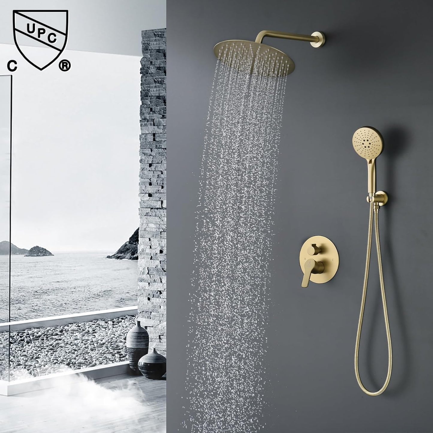 Shower Faucet Set Brass 10IN Rough-In Valve Body Trim Kit Rainfall Included Handle Accessories Complete 2 Functions with Rain Head and Handheld Bathroom Systems (10'', Brushed Gold)