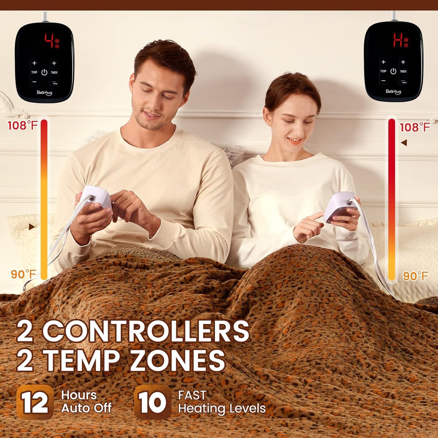 Bearhug Electric Blanket Queen Size, 84" x 90" Heated Blanket Dual Controllers, Faux Fur & Sherpa, 10 Heating Levels & 1-12H Auto Off, Over-Heat Protect, ETL, Machine Washable