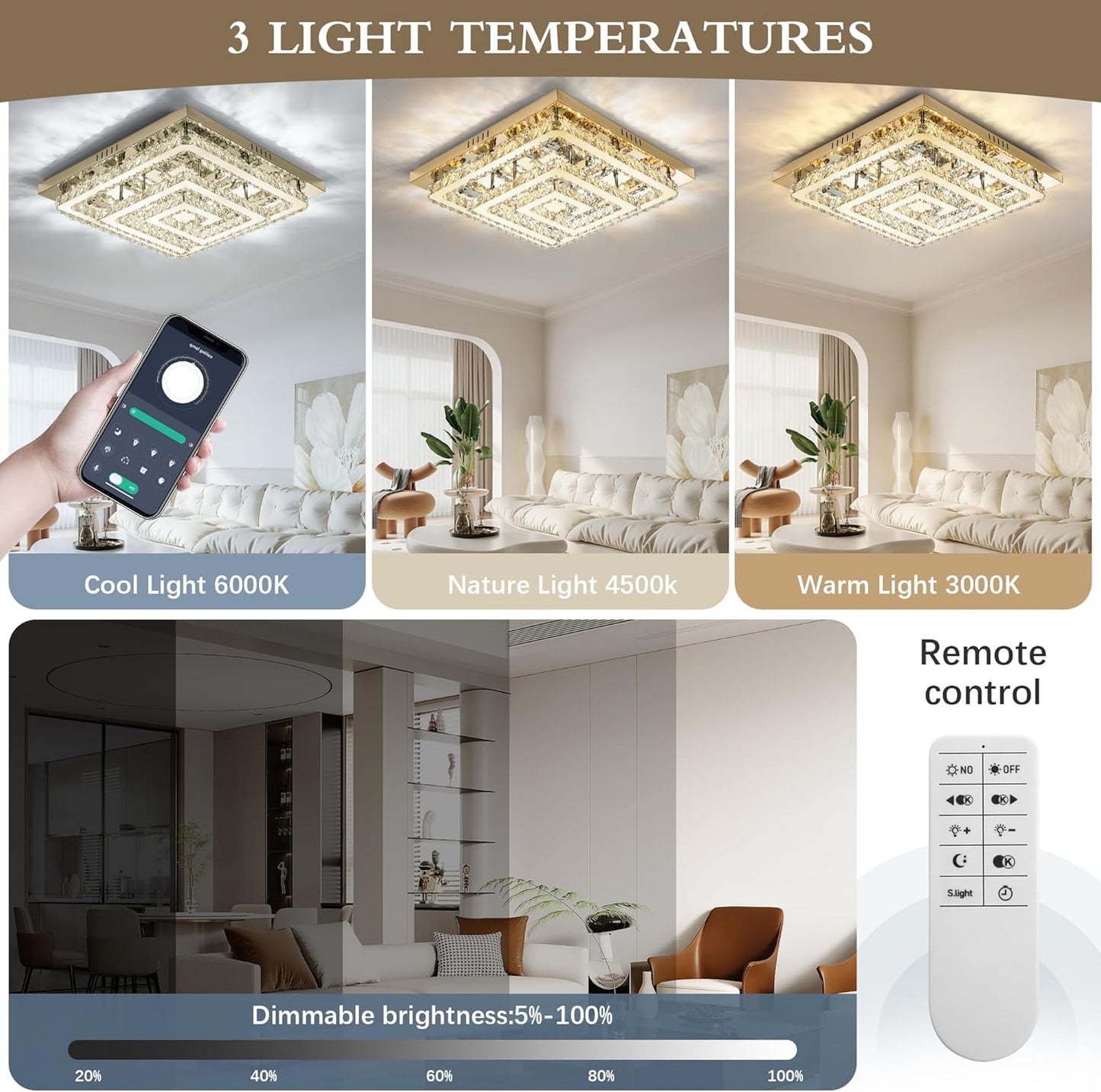 34" Modern Gold Crystal Chandelier with Remote/App Control, Dimmable Flush Mount Ceiling Light Fixture,3-Color Temperature, Led Ceiling Lamp for LivingRoom Bedroom Kitchen DiningRoom Entryway