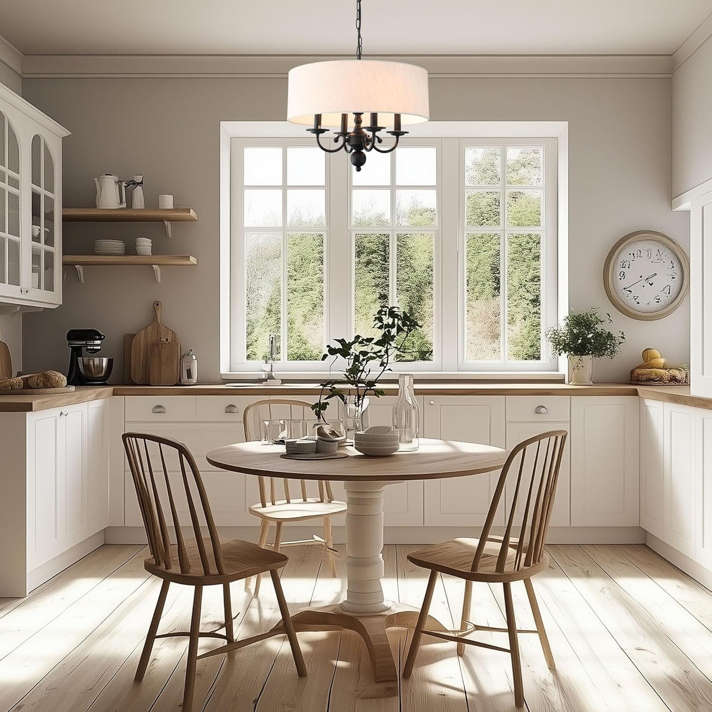 Drum Chandelier, 4-Lights Pendant Ceiling Hanging Light Fixture with Beige Shade, for Dining Room Living Room Bedroom Kitchen Island(17.75")