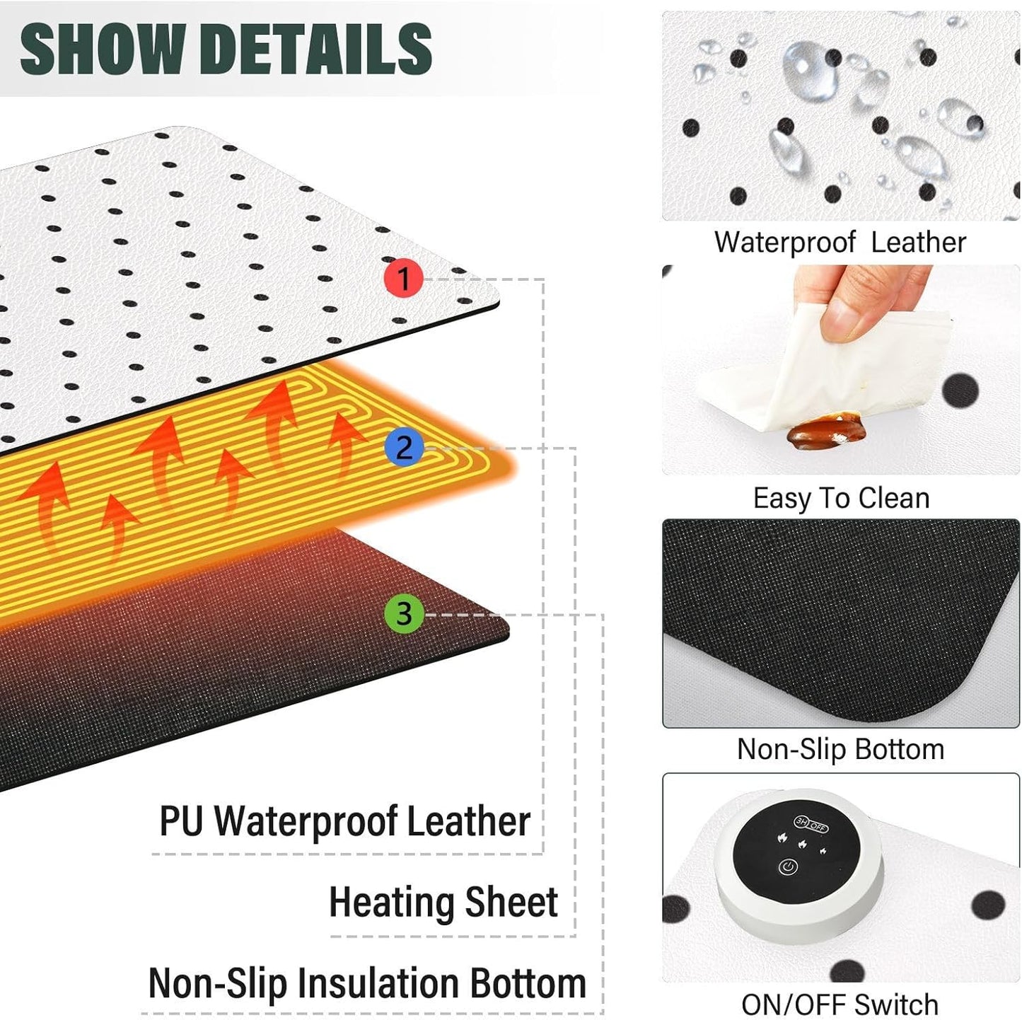 Heated Desk Pad Mouse Pad 31.5x13 Inch PU Leather Desk Mat with 3 Heat Levels Large Mouse Gaming Computer Laptop Mat Black Polka Dot White