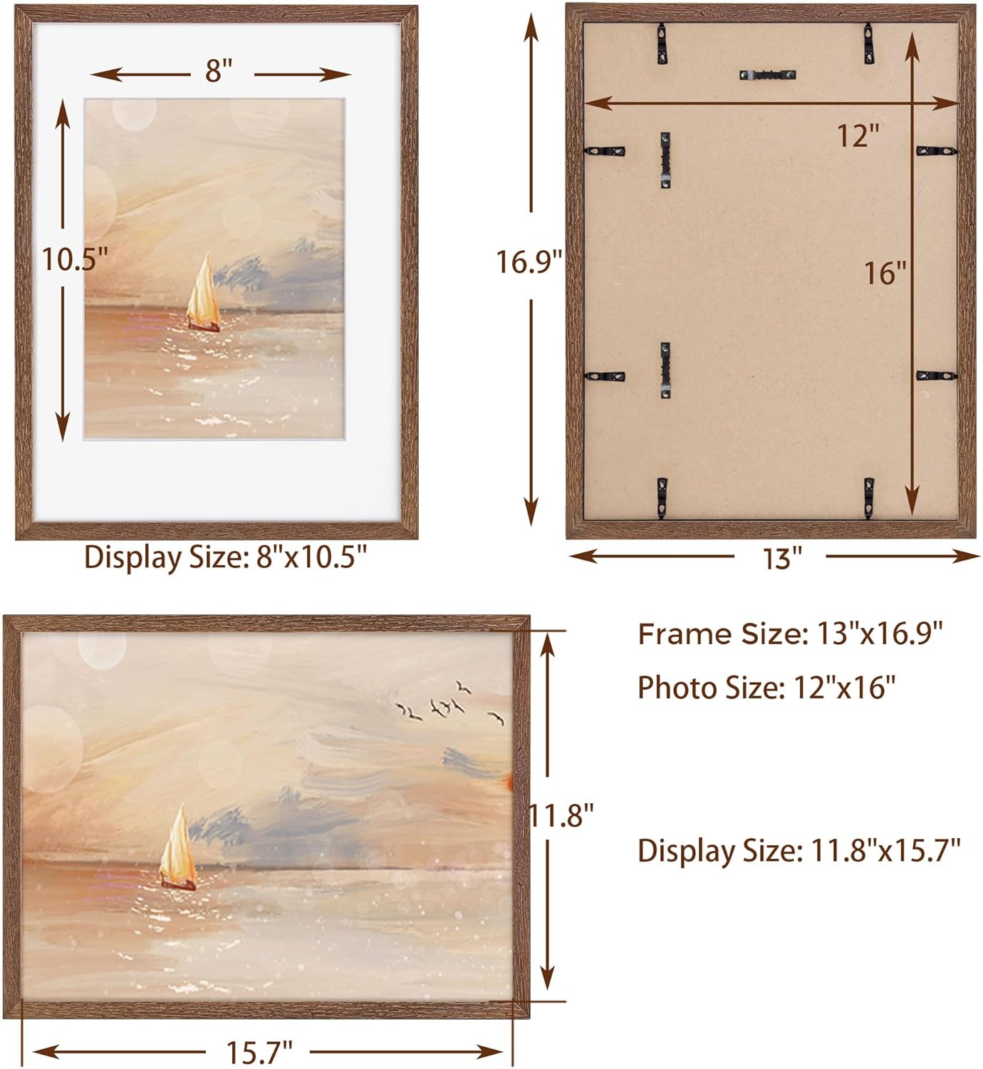 12x16 Picture Frame, Solid Oak Wood 12 x 16 Frame for Wall, 12 by 16 Picture Frames with Real Glass, 12x16 Frame Matted to 8.5x11, Rusitic Wood 12"x16" Poster Frame, Walnut Color, 1 Pack