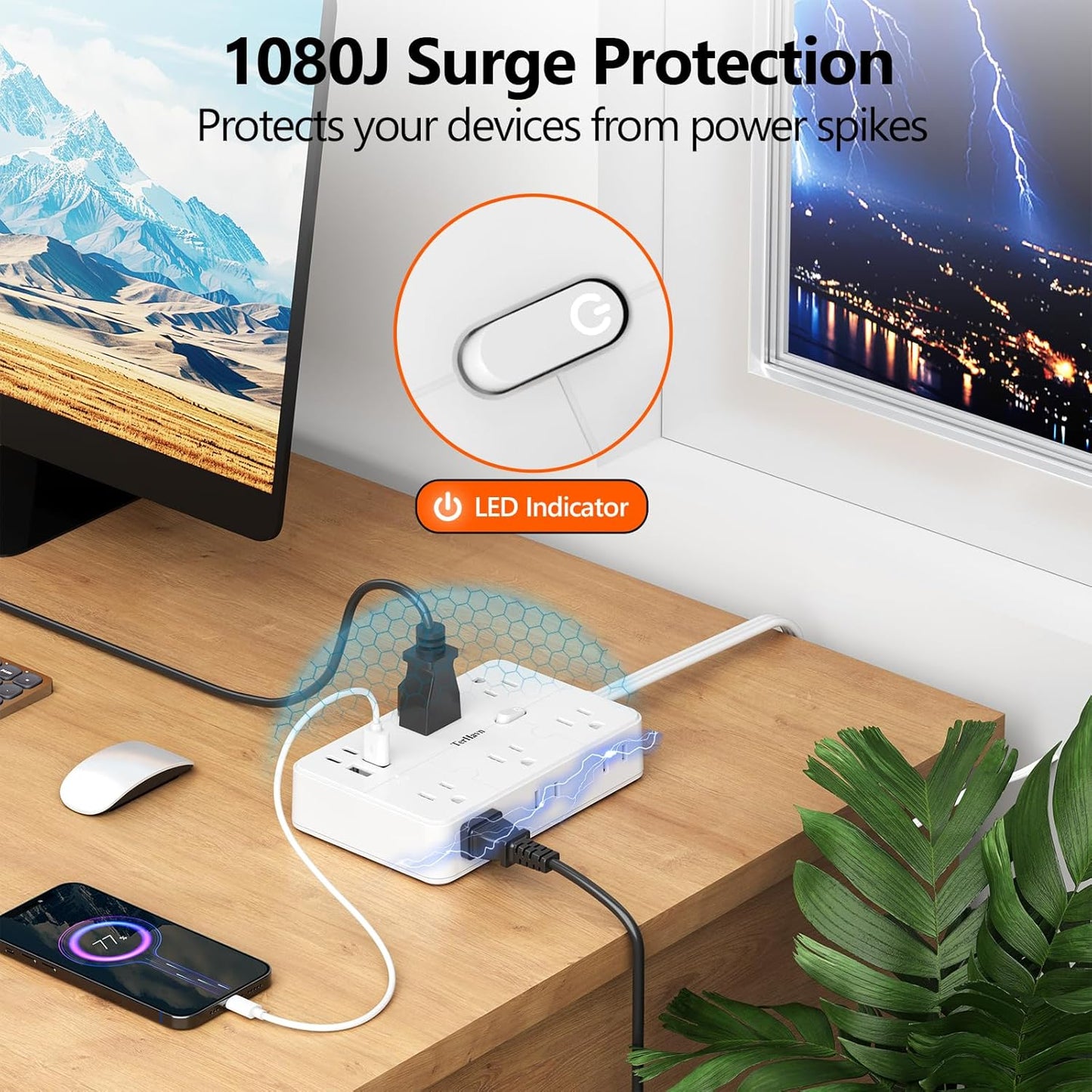 Surge Protector Power Strip 10 FT Flat Extension Cord ，10 AC Outlets & 4 USB Ports(5V/3.4A 17W), 1080J ，Wall Mountable Desktop Charging Station with Flat Plug for Office Supplies and Home, White