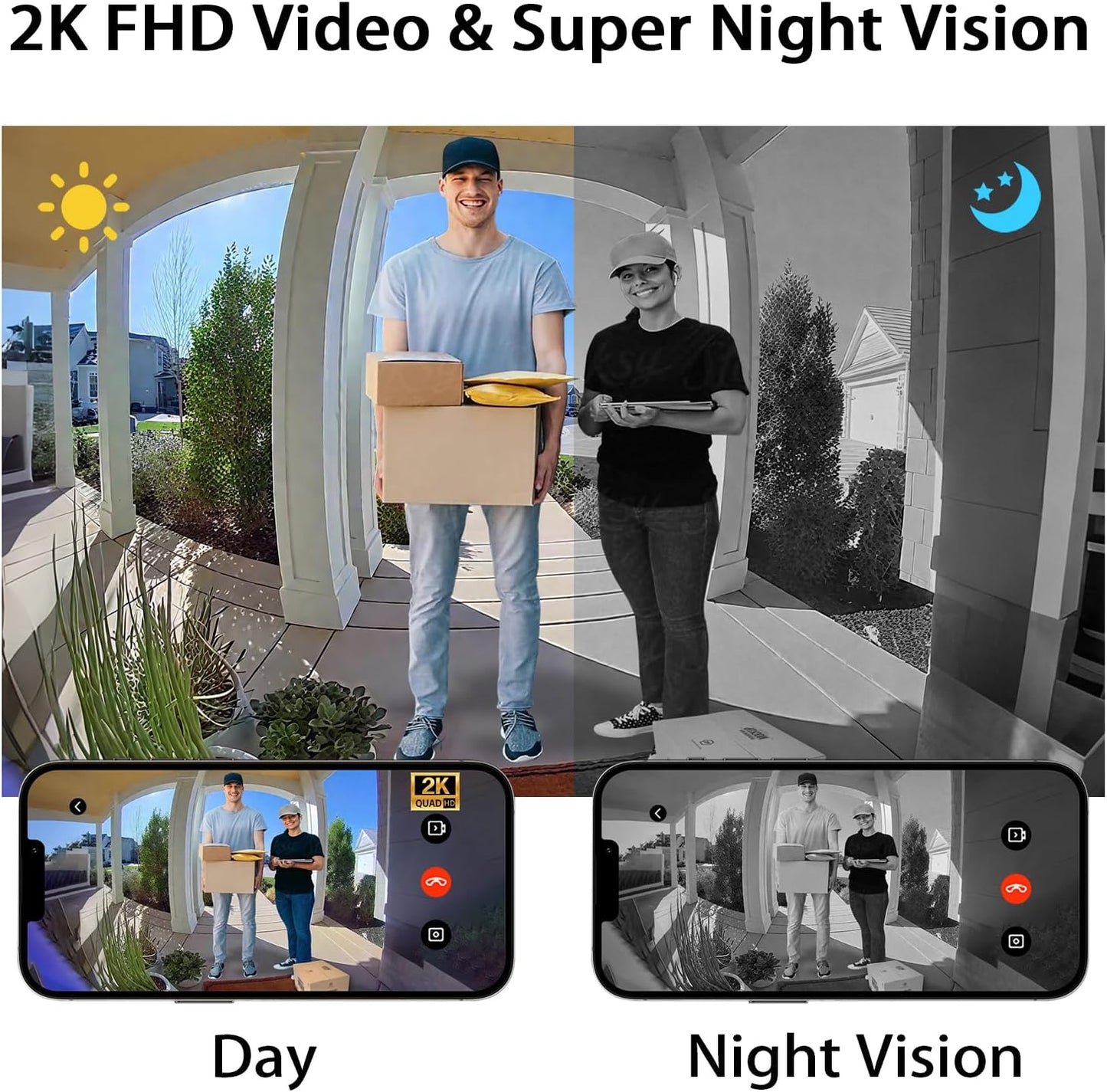 TTJ Video Doorbell Camera 2K with Chime, No Monthly Fee, Head-to-Toe View, 180° Large Field of View,Night Vision，AI Motion Detection, 4000mAh Battery Powered, 2.4GHz WiFi Only, IP65 Weatherproof