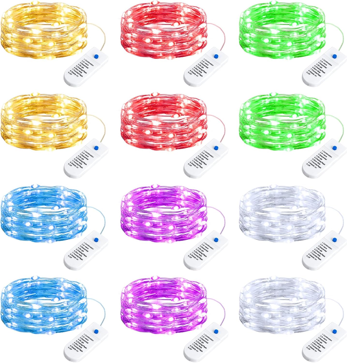 Minetom 12 Pack Fairy Lights Battery Operated String Lights, 8 Modes & Timer, 7ft 20LED 6 Colors Waterproof Silver Wire Twinkle Lights, Firefly Starry Moon Lights for Mason Jars DIY Christmas Wedding