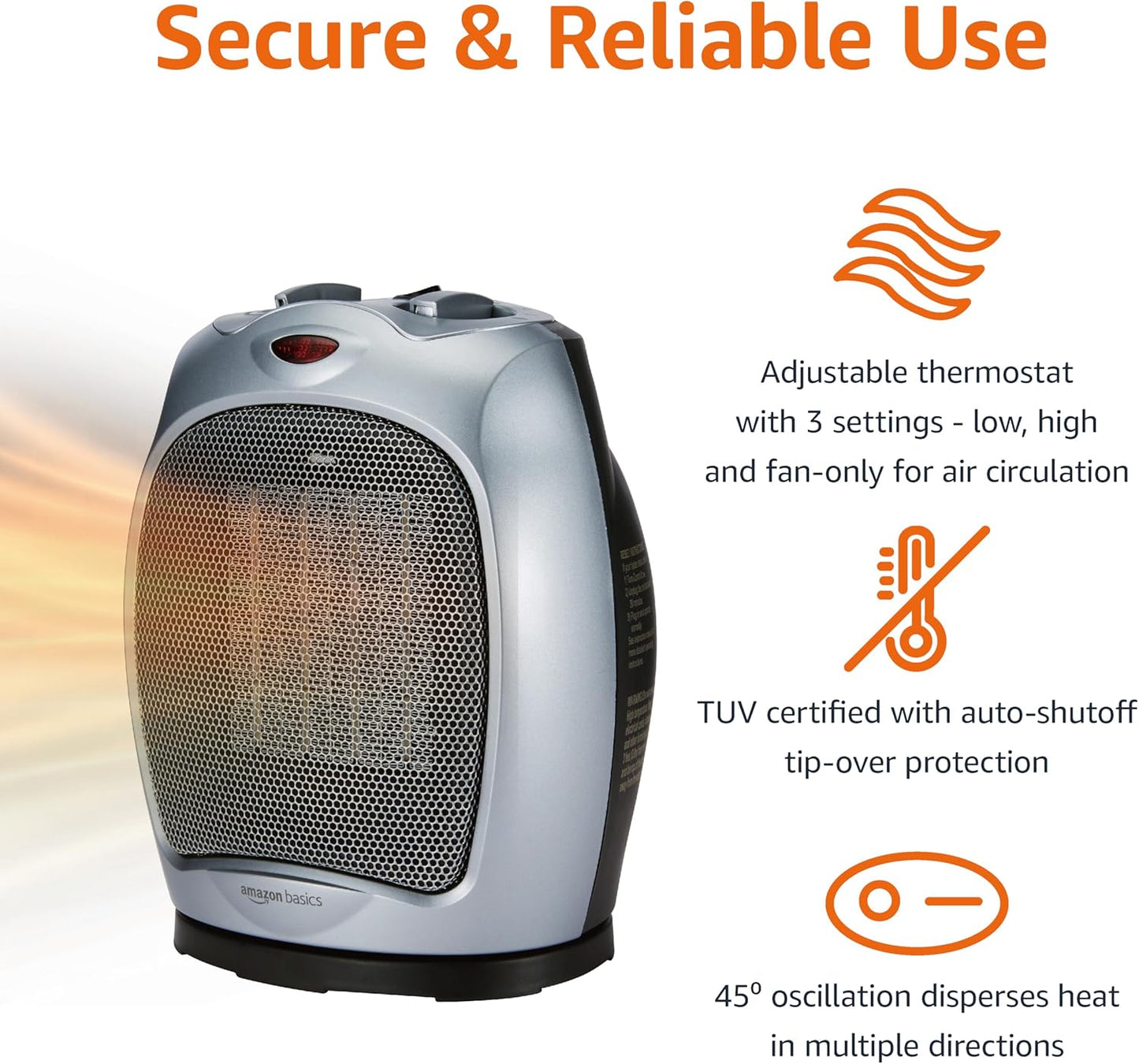 Amazon Basics Oscillating Ceramic Space Heater, Portable Indoor Heating Solution, With Overheat and Tip-Over Protection, Thermostat, 1500W, 7.52"D x 6.34"W x 9.45"H, Silver
