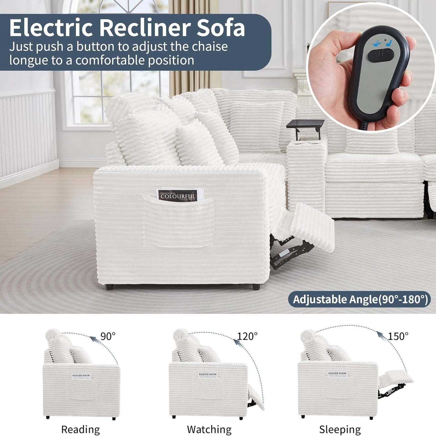 LEVNARY 6-Seat U Shaped Modular Sectional Sofa with Power Recliners, Faux Rabbit Fur Upholstery, Storage Console with Charging Ports & Cup Holders, Living Room Couch Set for Home Office (White)