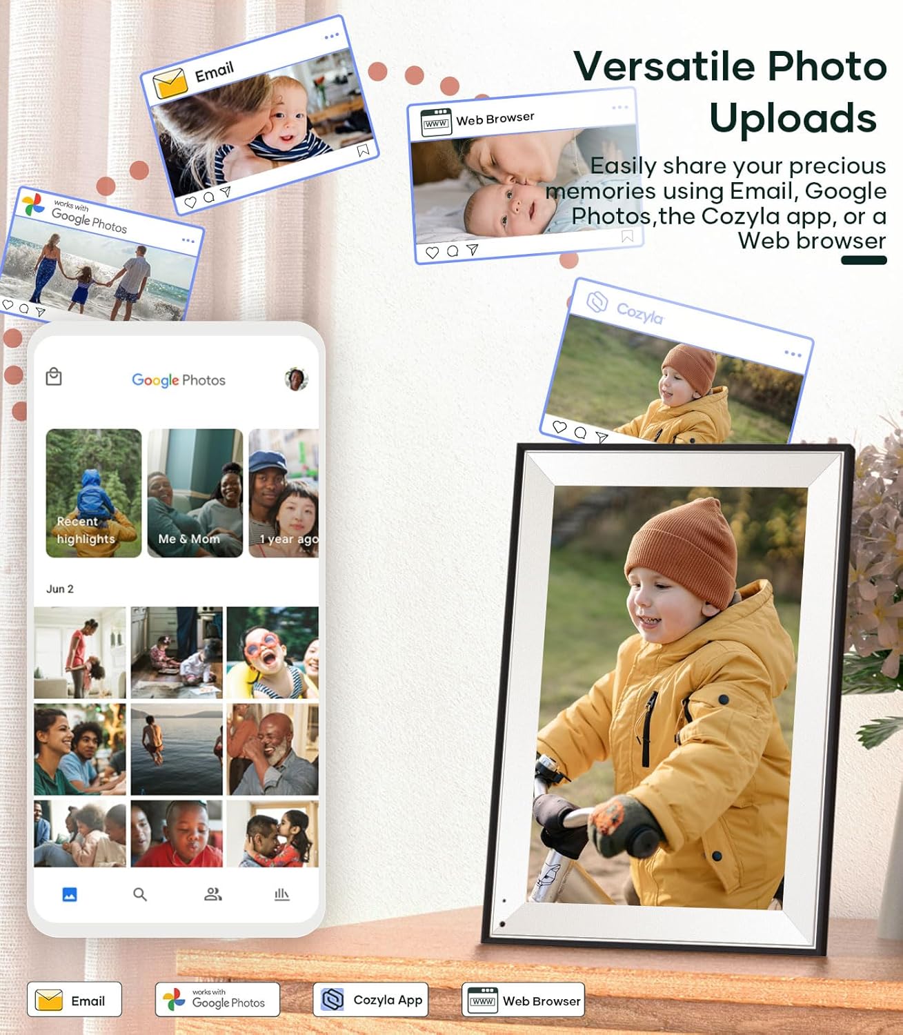 Cozyla Digital Photo Frame WiFi Smart Digital Picture Frame Unlimited Storage Share Photo with Family and Friend via App Email Google Photos Instagram Web Browser Photo Frame Electronic 10.1 Inch Mat